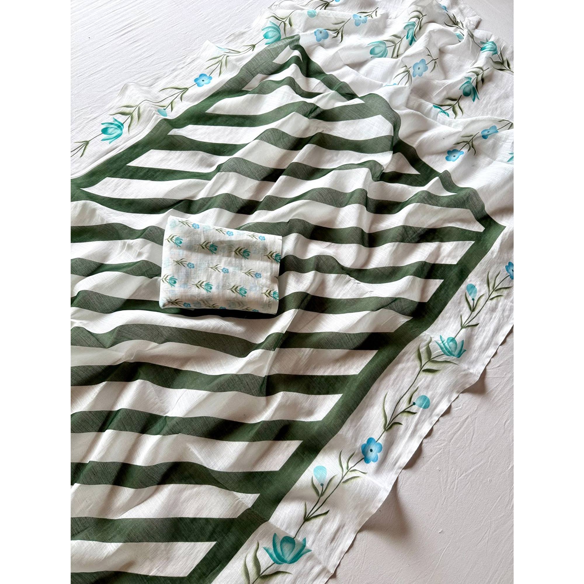Stylish Green Digital Striped Printed Linen Saree With Delicate Floral Designs