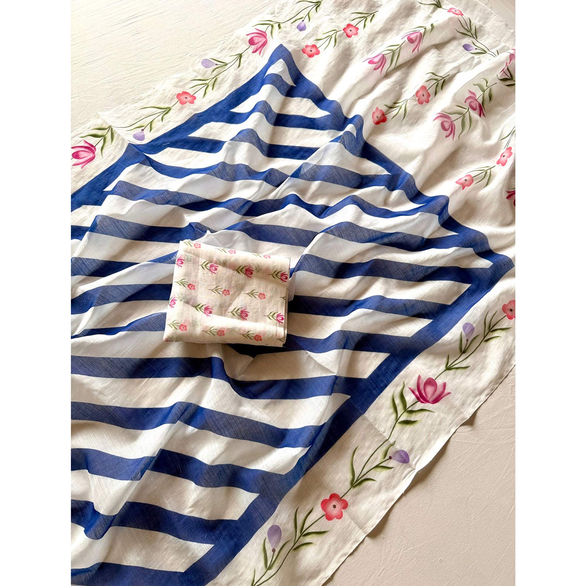 Stylish Navy Blue Digital Striped Printed Linen Saree With Delicate Floral Designs