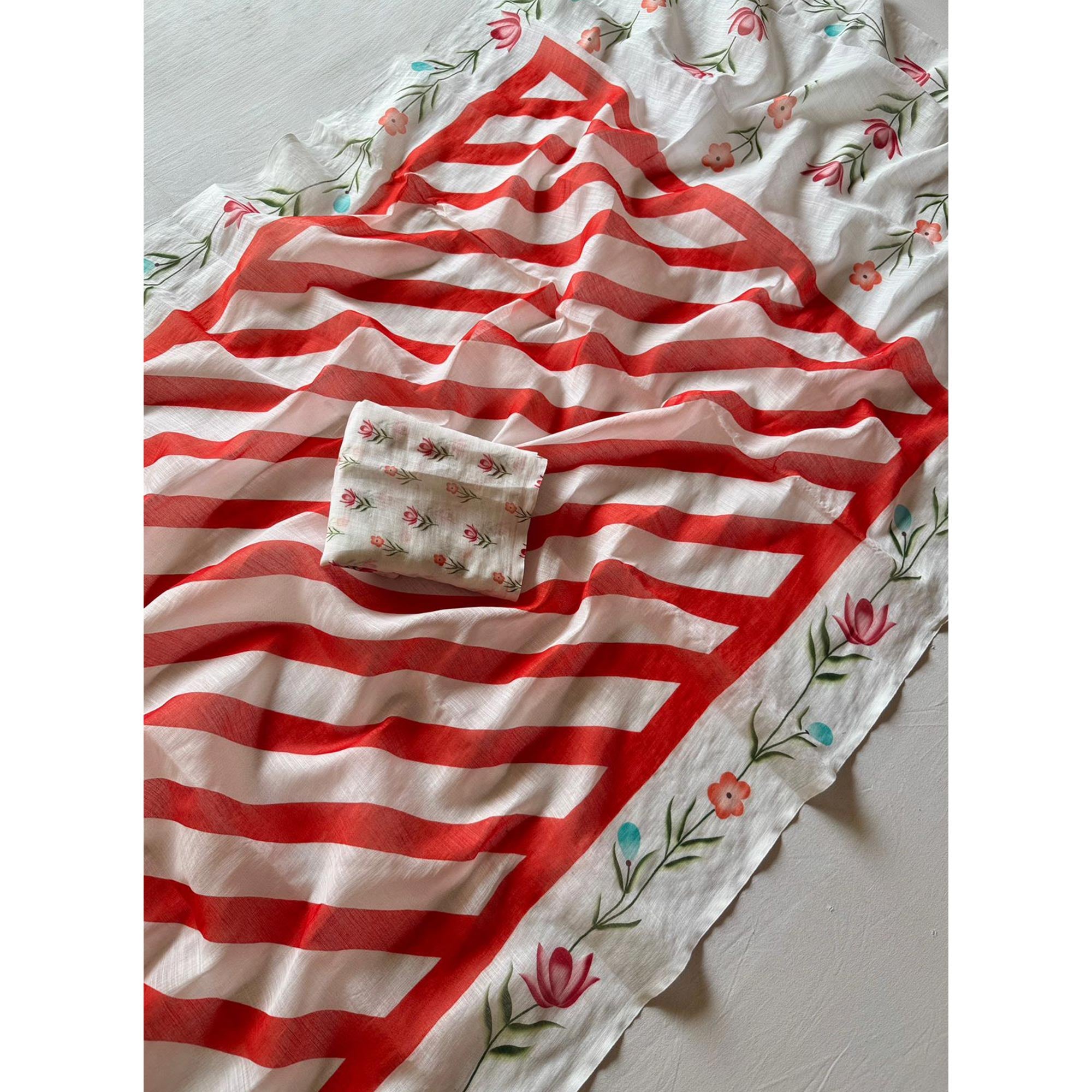 Stylish Red Digital Striped Printed Linen Saree With Delicate Floral Designs
