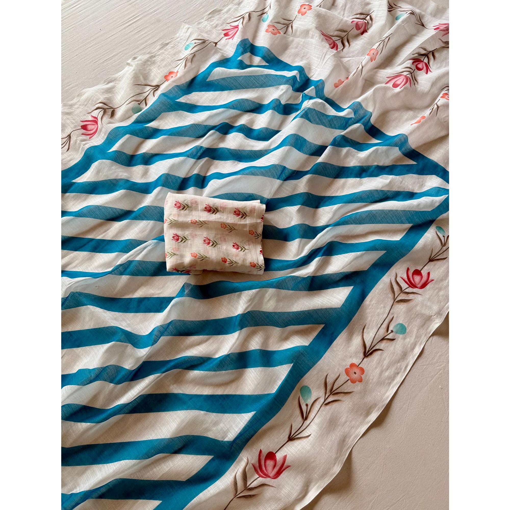 Stylish Teal Blue Digital Striped Printed Linen Saree With Delicate Floral Designs