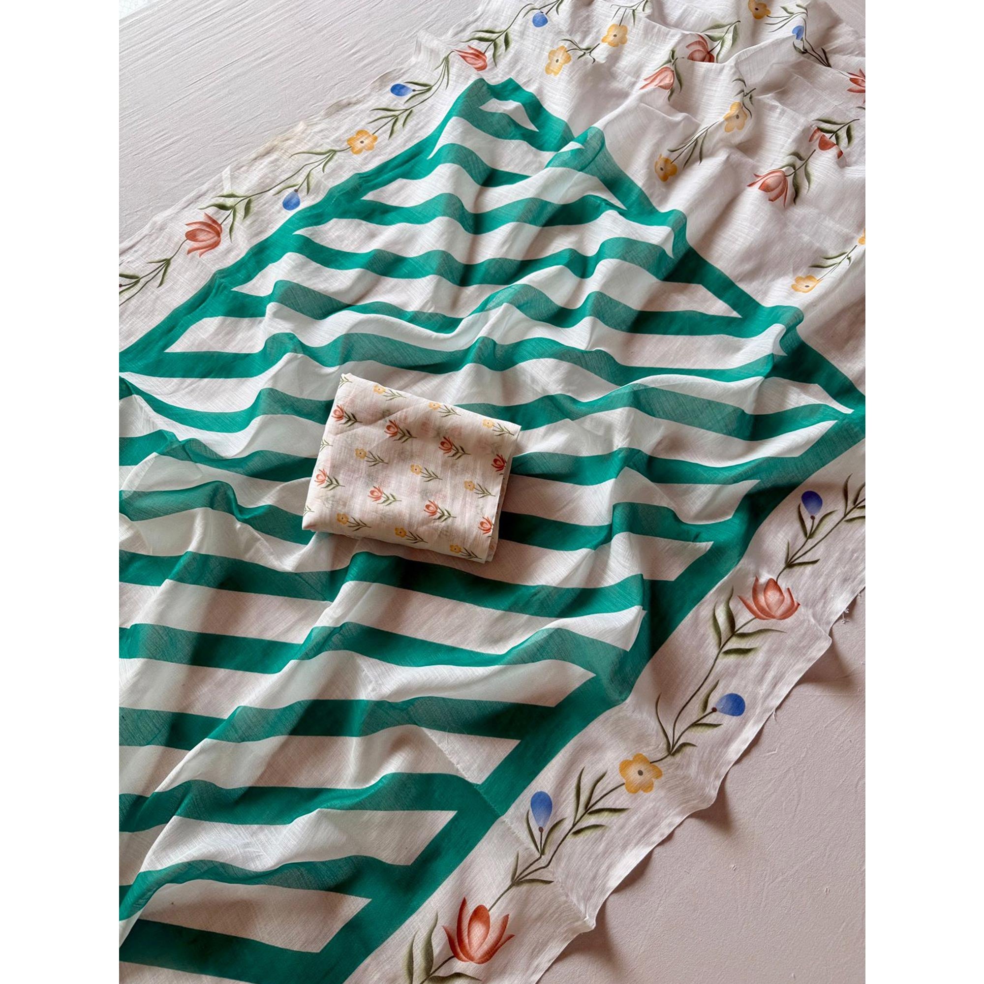 Stylish Turquoise Digital Striped Printed Linen Saree With Delicate Floral Designs