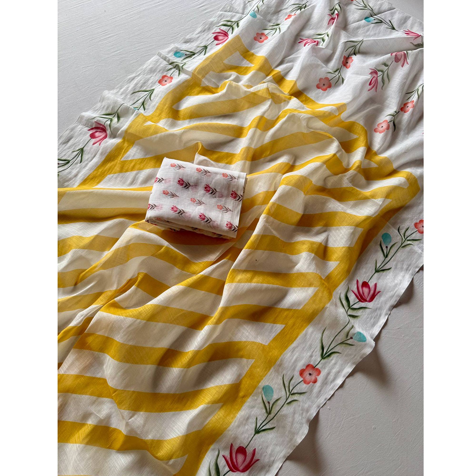 Stylish Yellow Digital Striped Printed Linen Saree With Delicate Floral Designs
