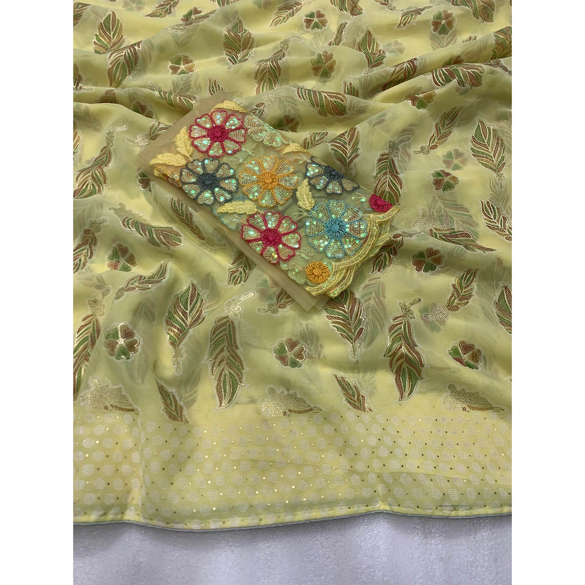 Light Yellow Floral Foil Printed Georgette Saree