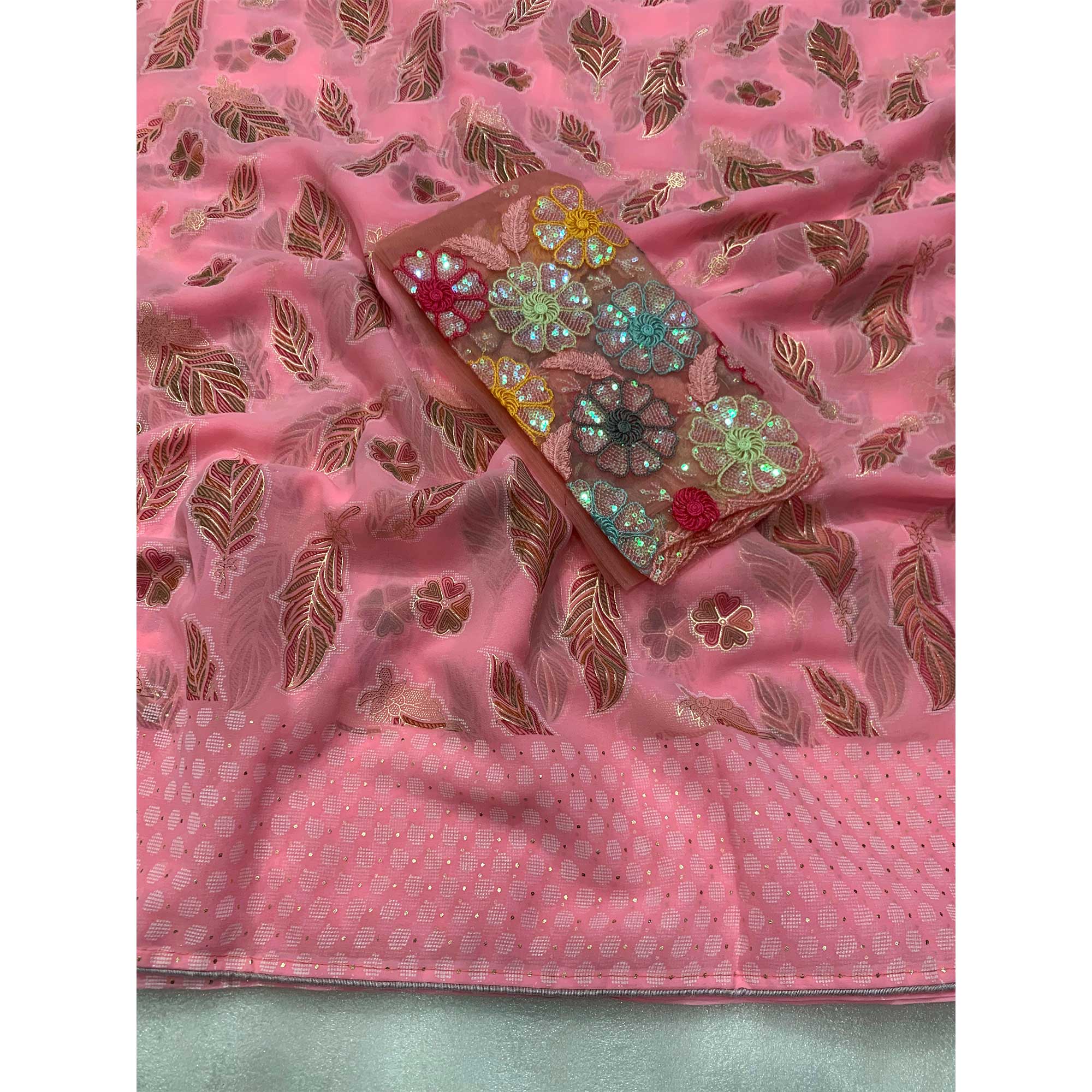 Pink Floral Foil Printed Georgette Saree