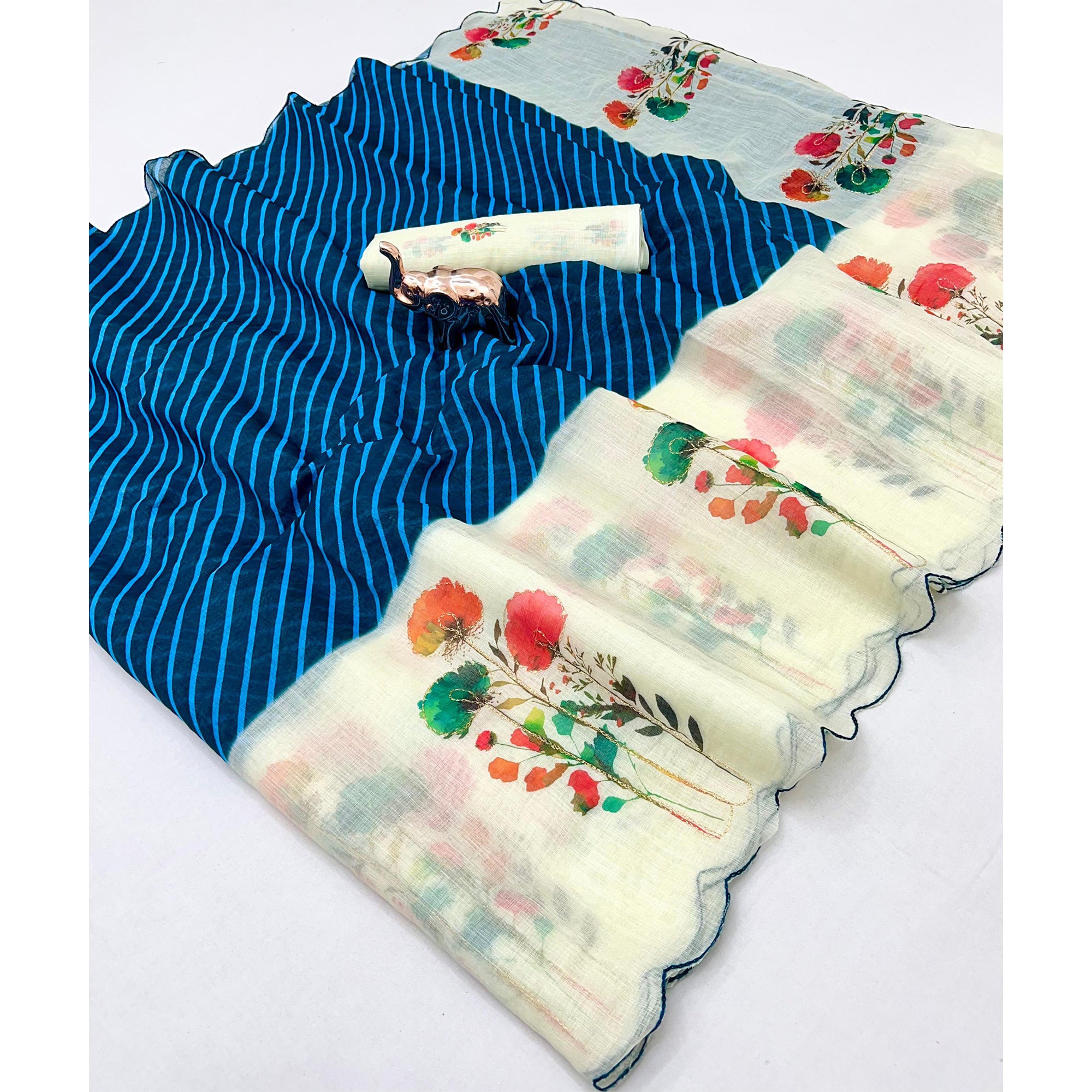 Sophisticated Blue Floral & Striped Digital Printed Linen Saree With Artistic Cutwork Border