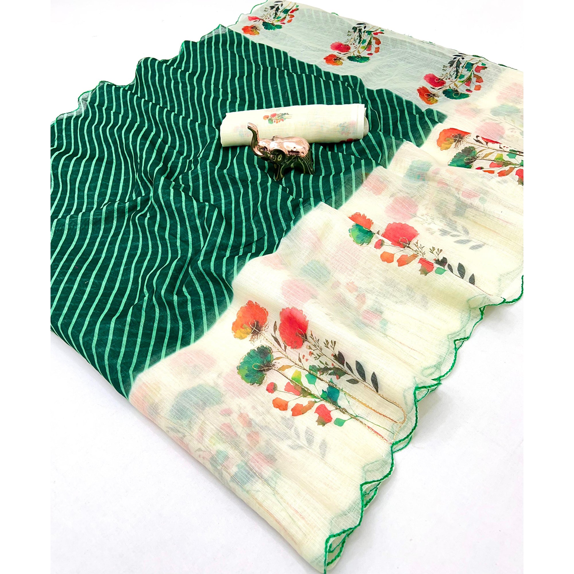 Sophisticated Green Floral & Striped Digital Printed Linen Saree With Artistic Cutwork Border