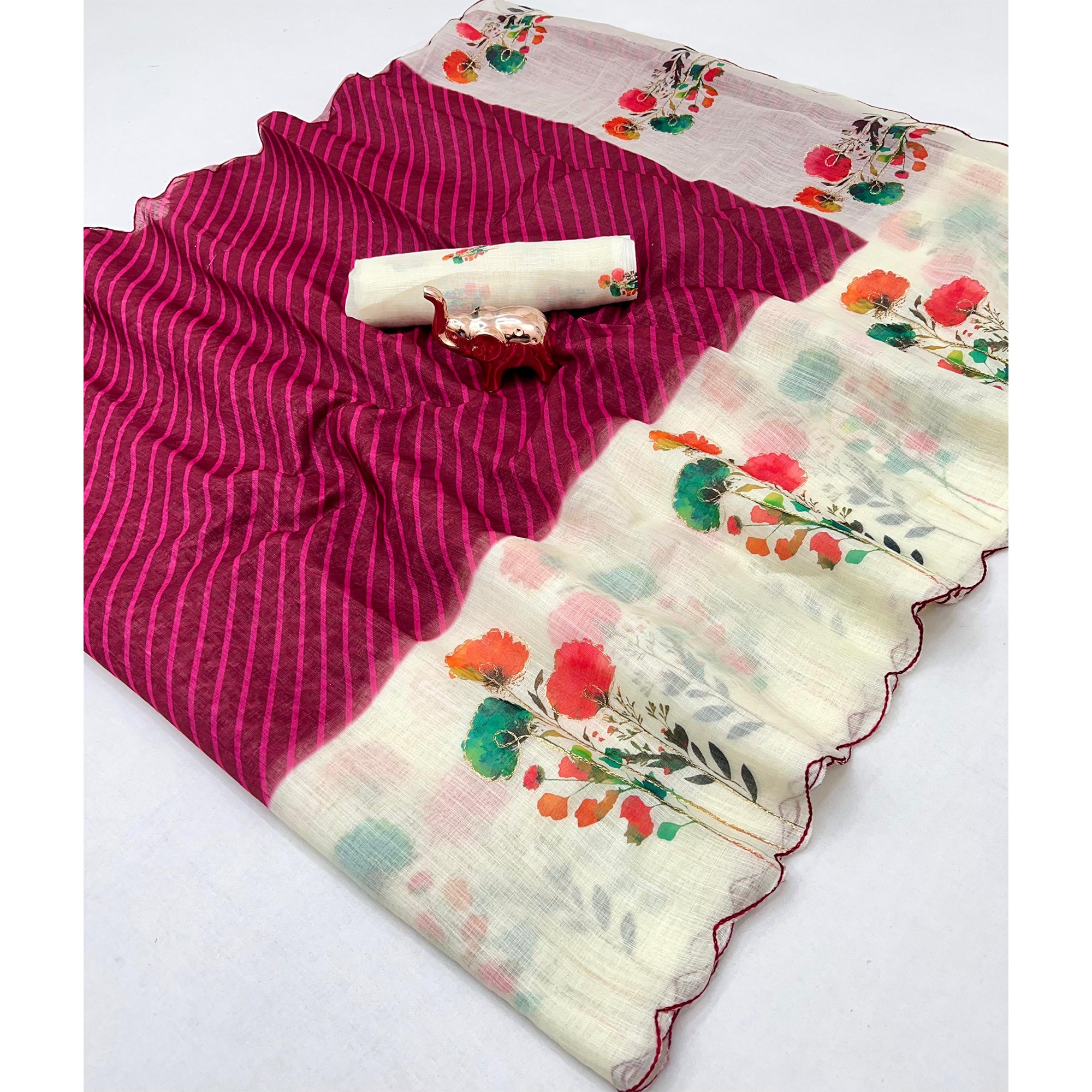 Sophisticated Maroon Floral & Striped Digital Printed Linen Saree With Artistic Cutwork Border