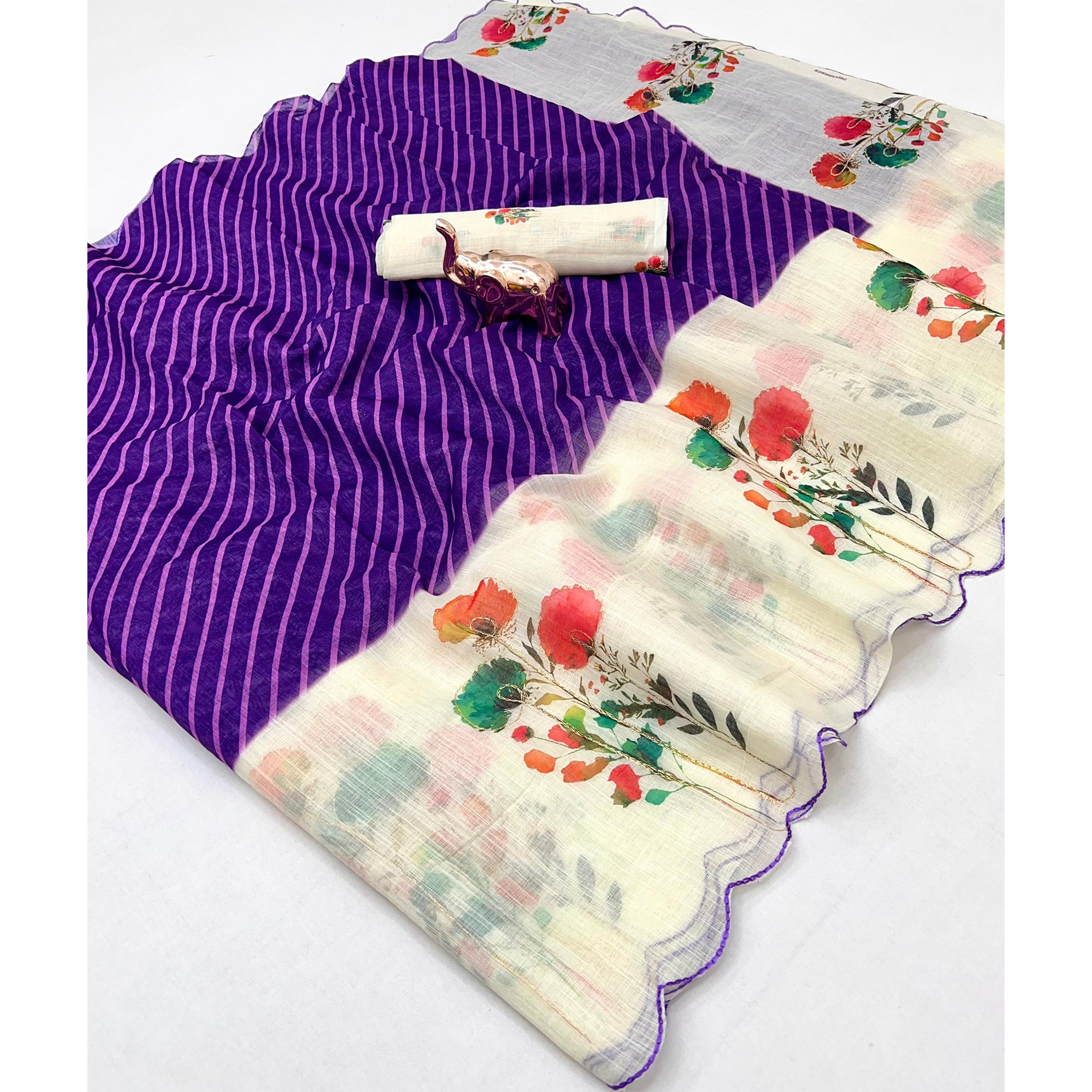 Sophisticated Purple Floral & Striped Digital Printed Linen Saree With Artistic Cutwork Border