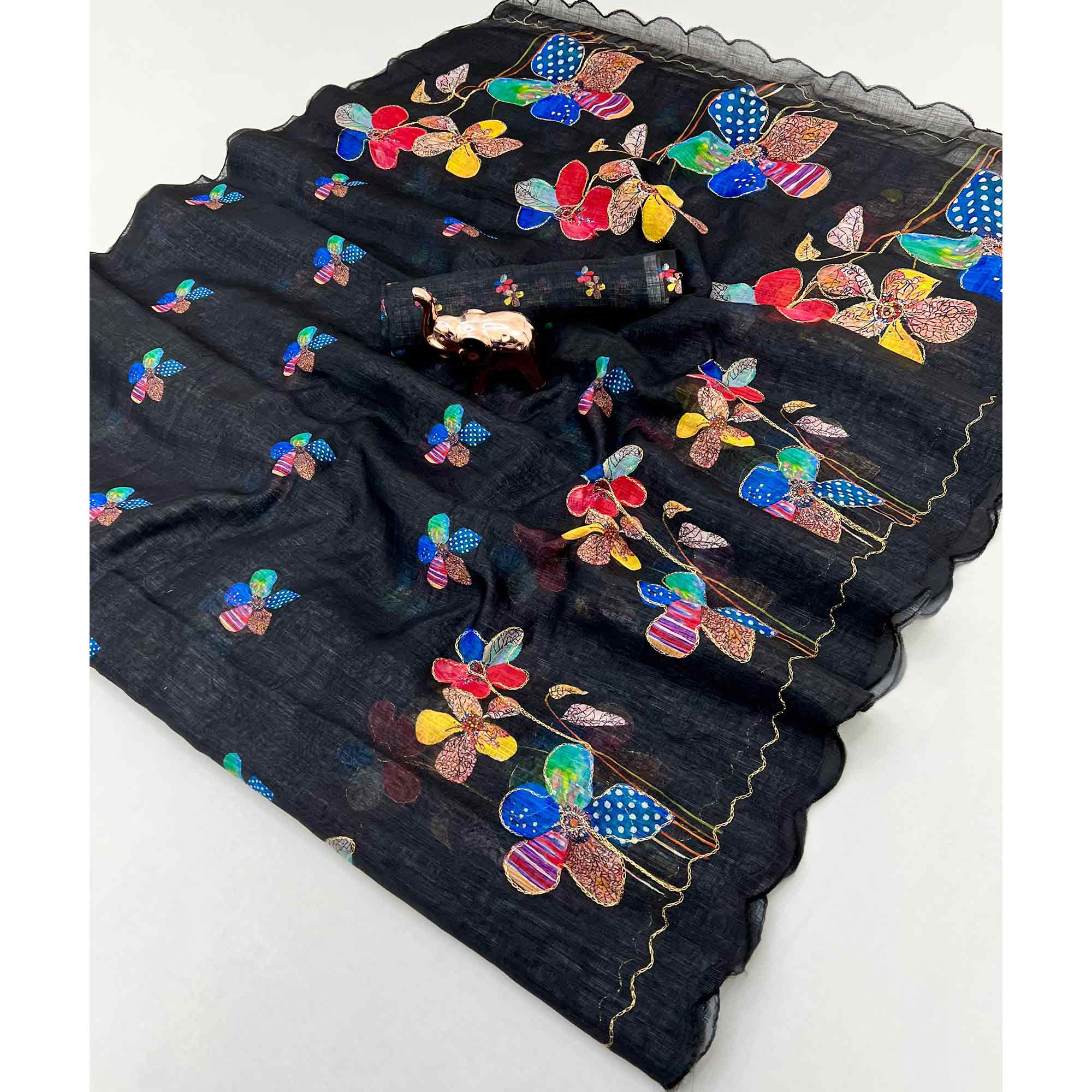 Black Linen Saree Featuring Floral Digital Print With Zari Outline & Cutwork Border