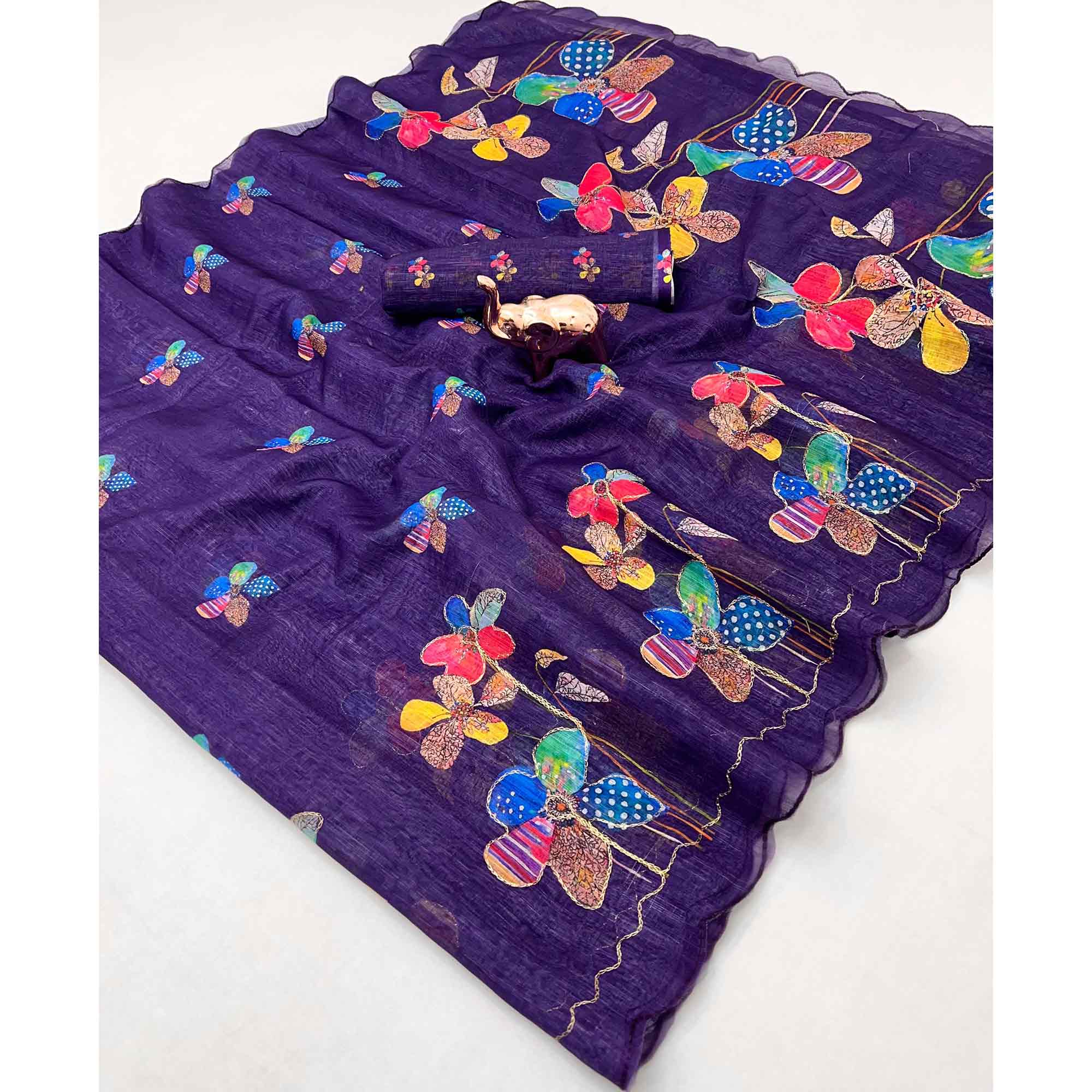 Purple Linen Saree Featuring Floral Digital Print With Zari Outline & Cutwork Border