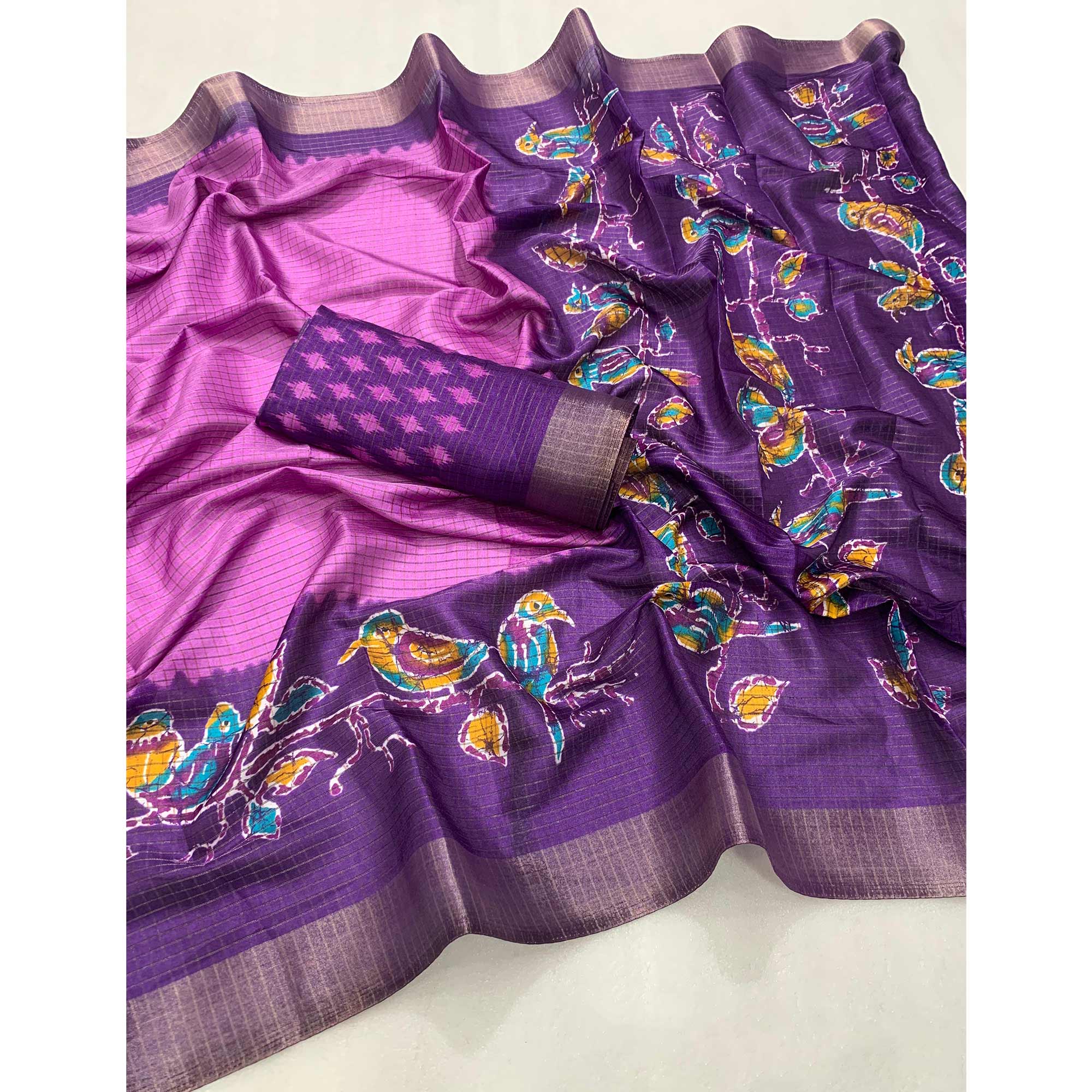 Pink Georgette Saree Adorned With Elegant Bird Embroidery
