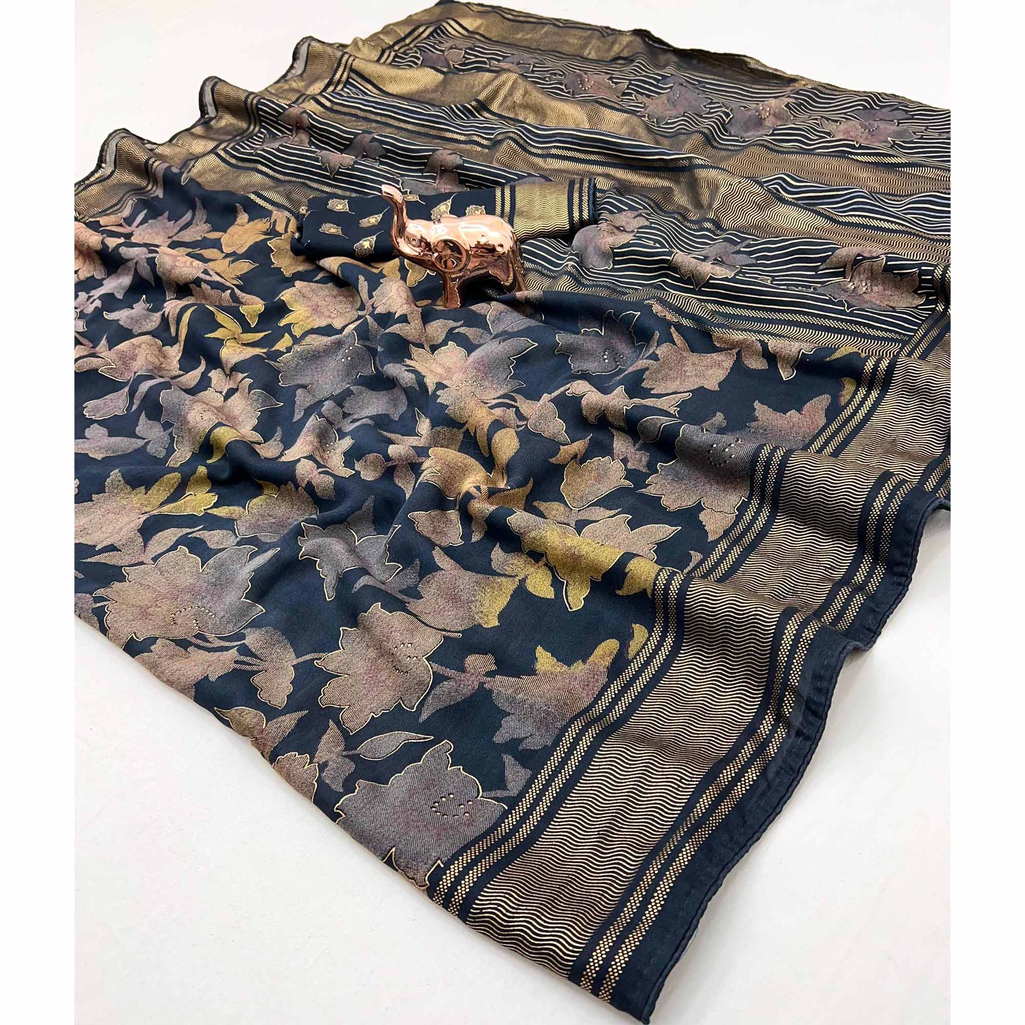 Blue Floral Foil Printed Georgette Saree With Tassels