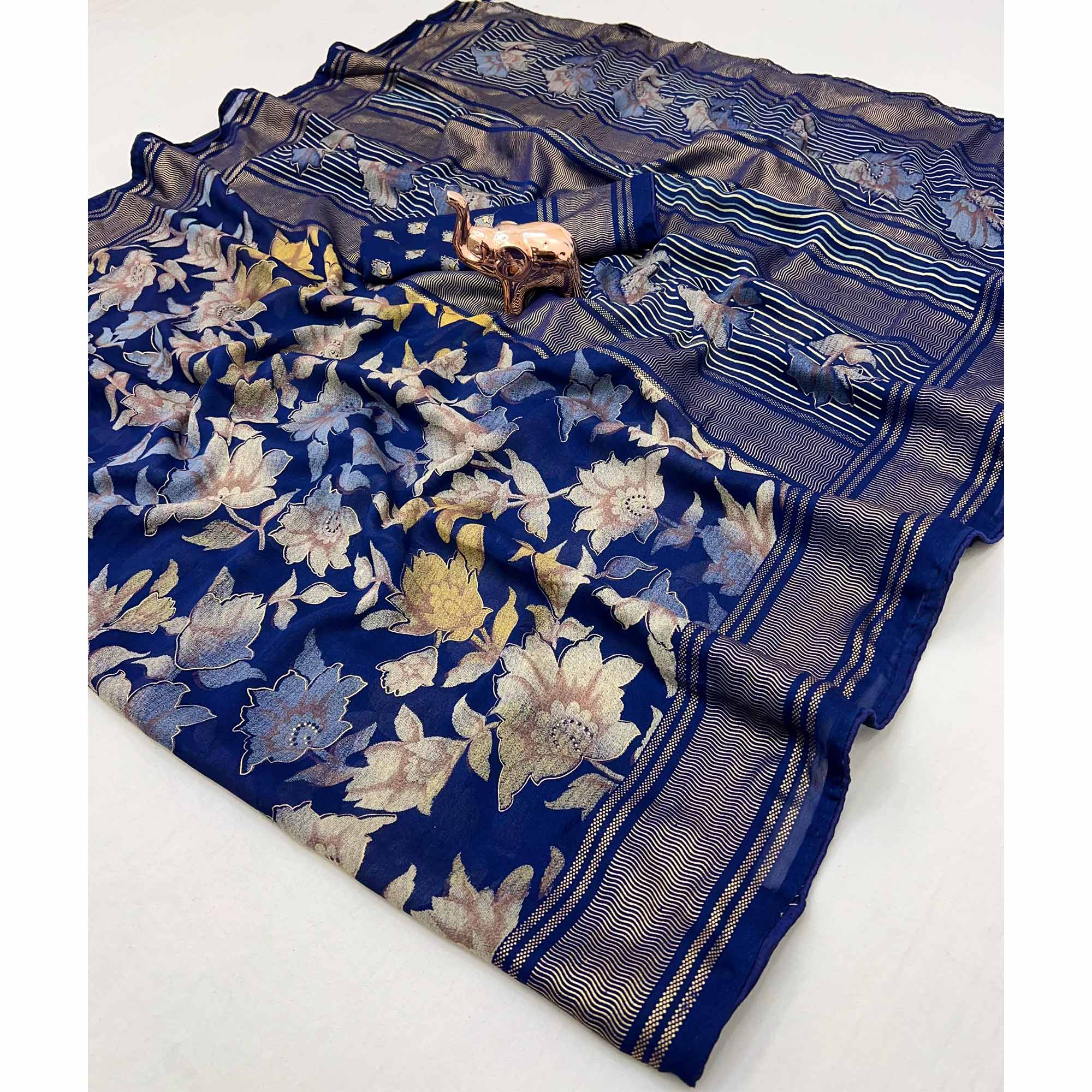 Navy Blue Floral Foil Printed Georgette Saree With Tassels