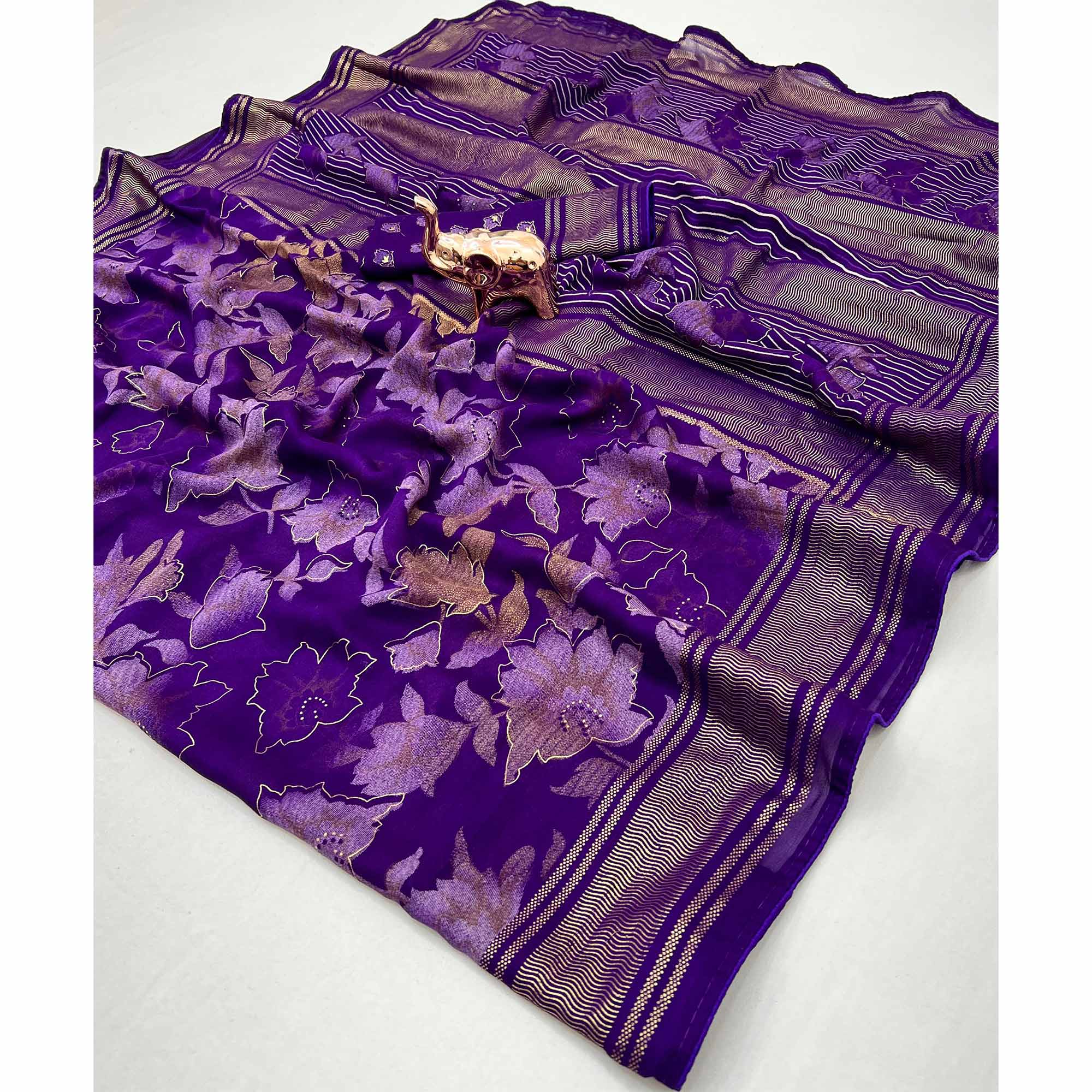 Violet Floral Foil Printed Georgette Saree With Tassels