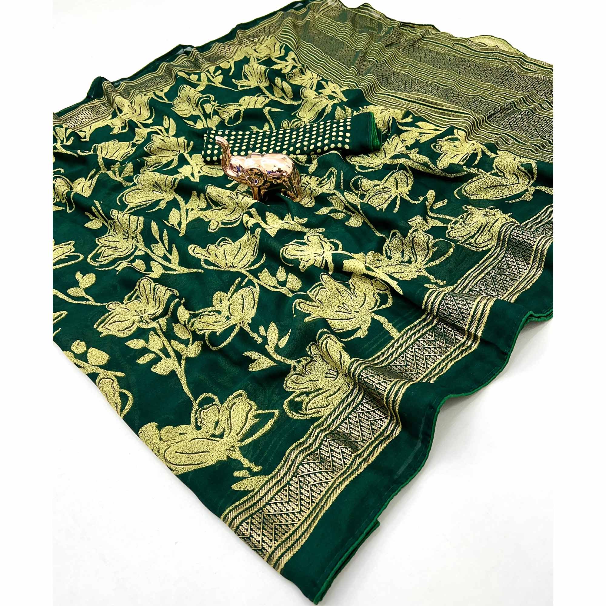 Green Toned Georgette Saree With Intricate Mill Print & Gleaming Floral Foil Embellishments