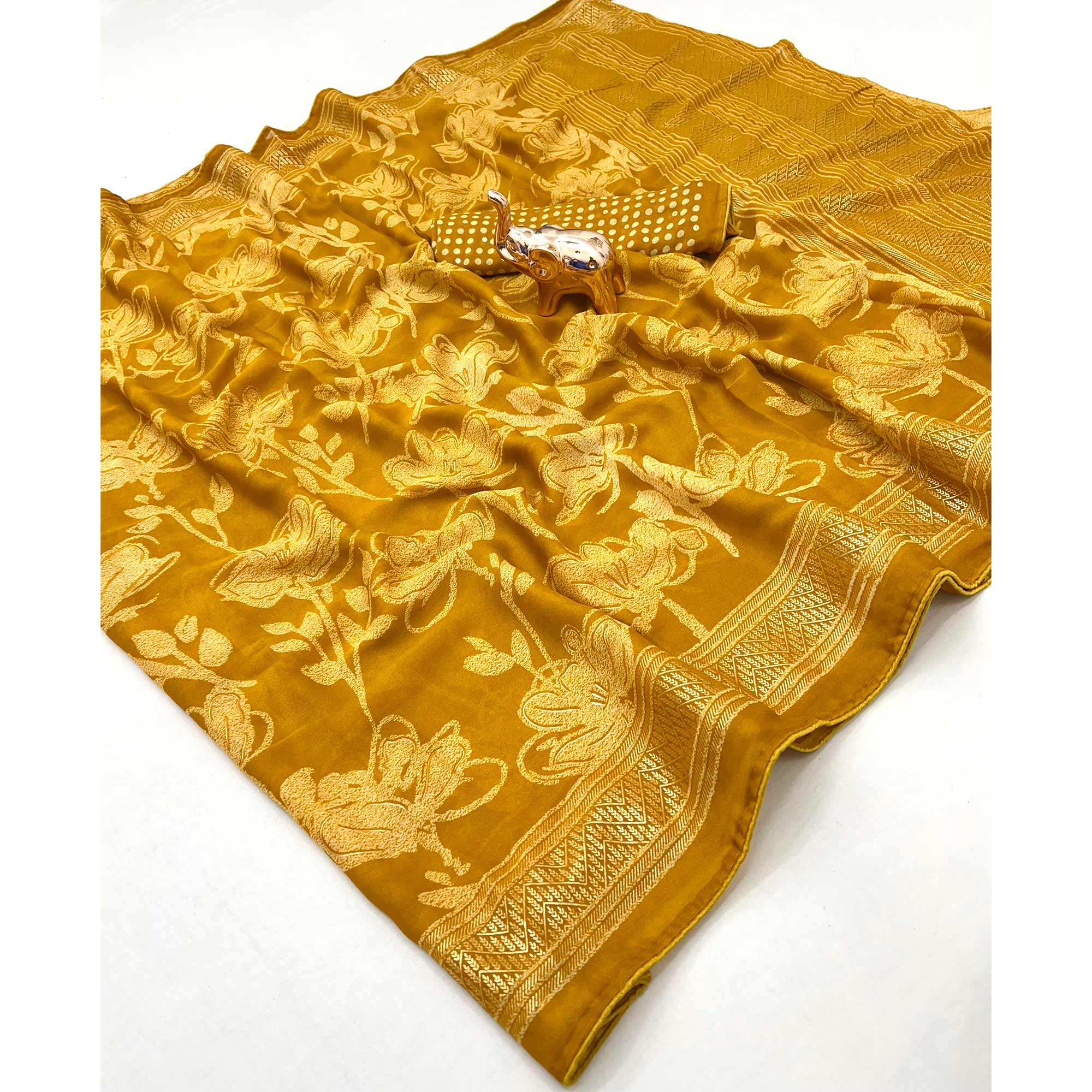 Mustard Toned Georgette Saree With Intricate Mill Print & Gleaming Floral Foil Embellishments