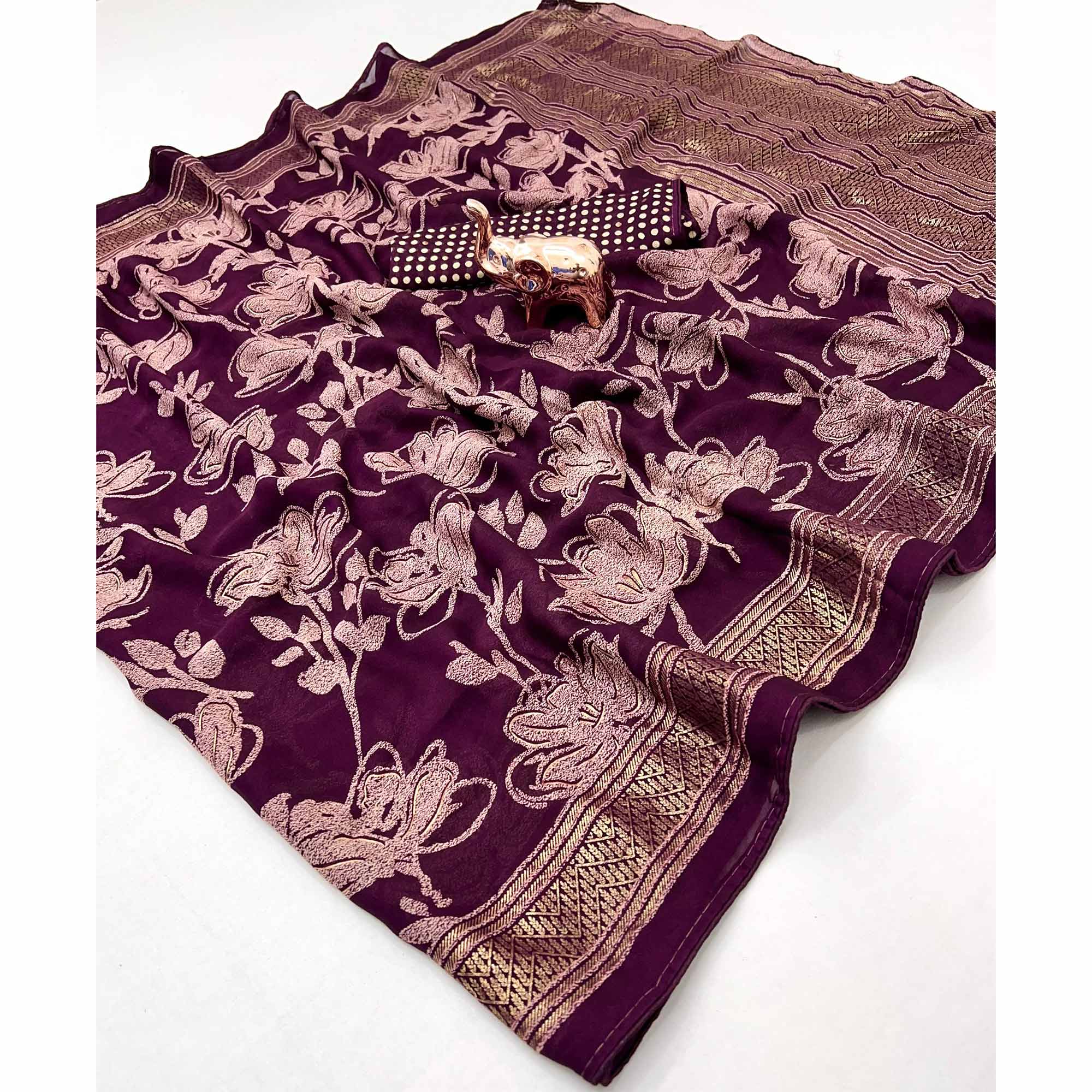 Wine Toned Georgette Saree With Intricate Mill Print & Gleaming Floral Foil Embellishments