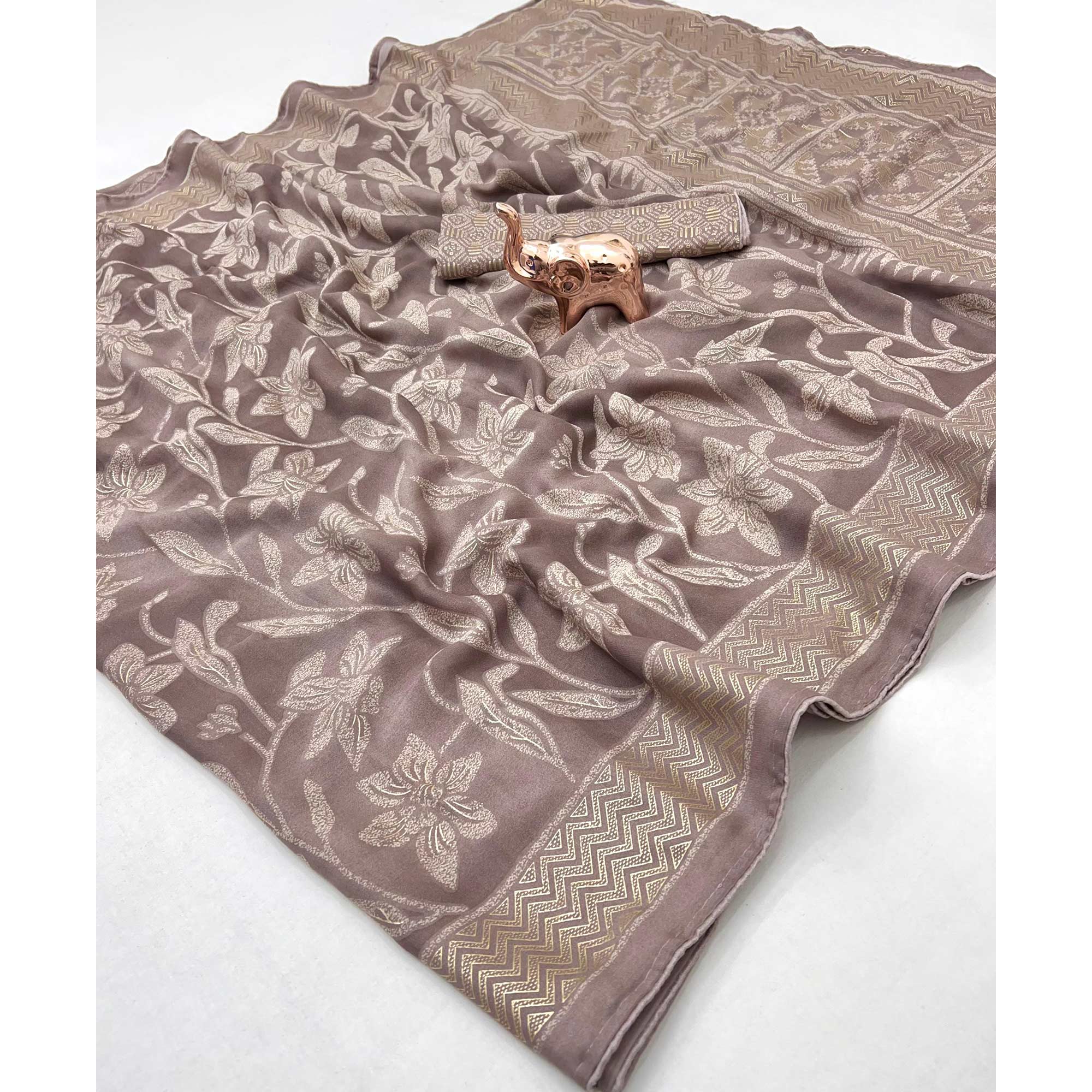 Timeless Grey Georgette Drape Adorned with All-over Floral Foil and Mill Print Detailing