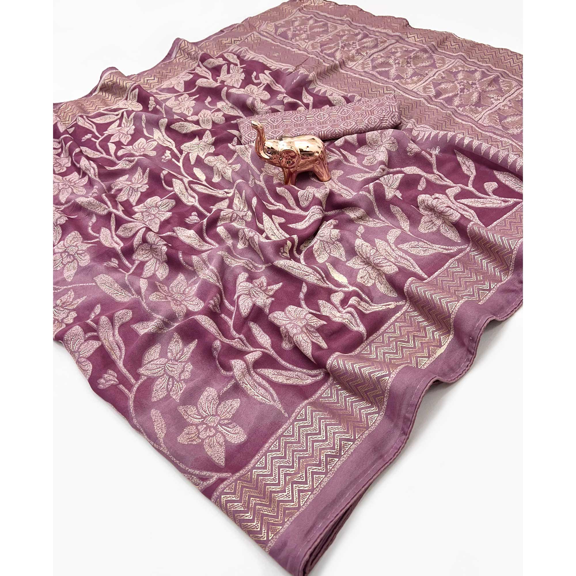 Timeless Heather Mauve Georgette Drape Adorned with All-over Floral Foil and Mill Print Detailing
