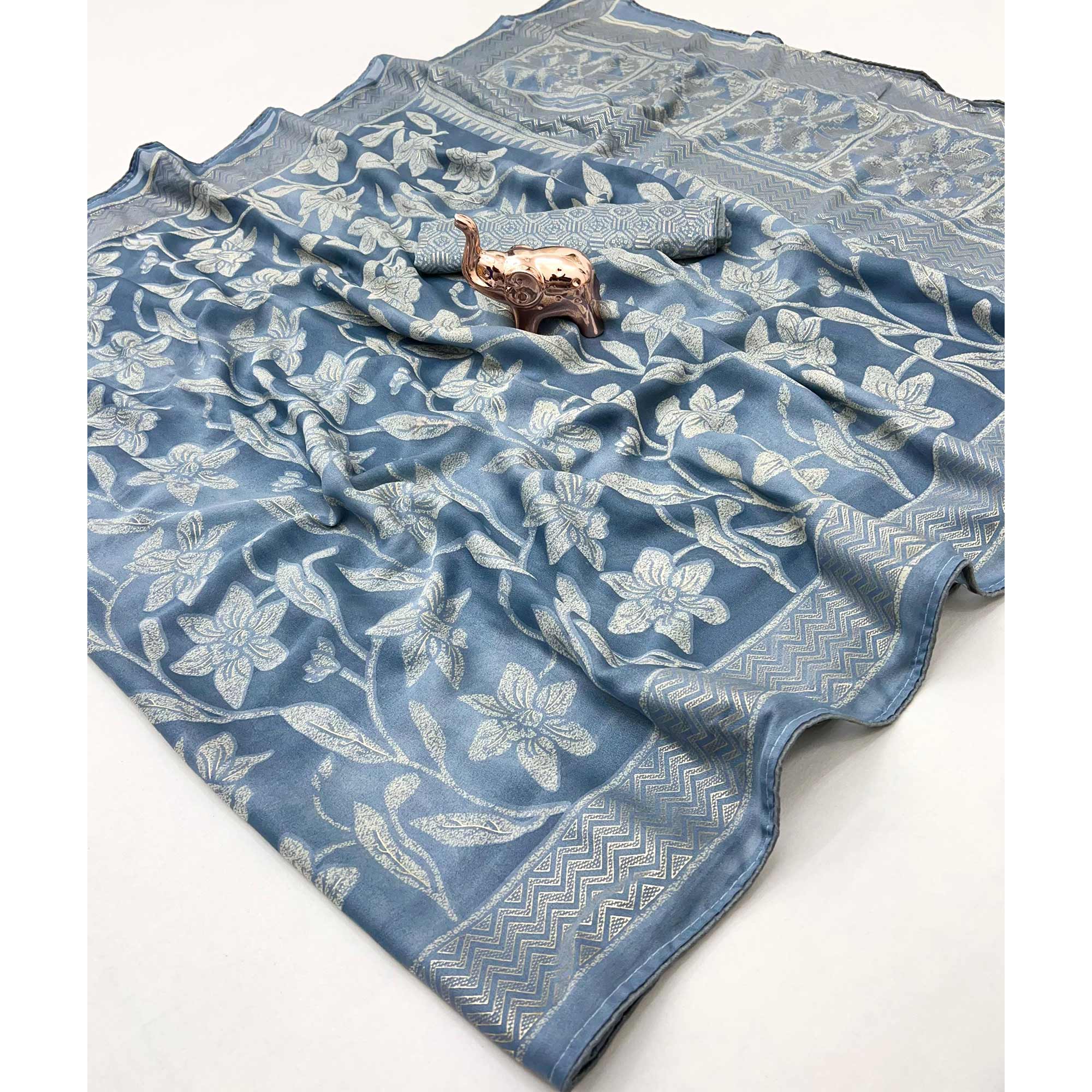 Timeless Steel Blue Georgette Drape Adorned with All-over Floral Foil and Mill Print Detailing
