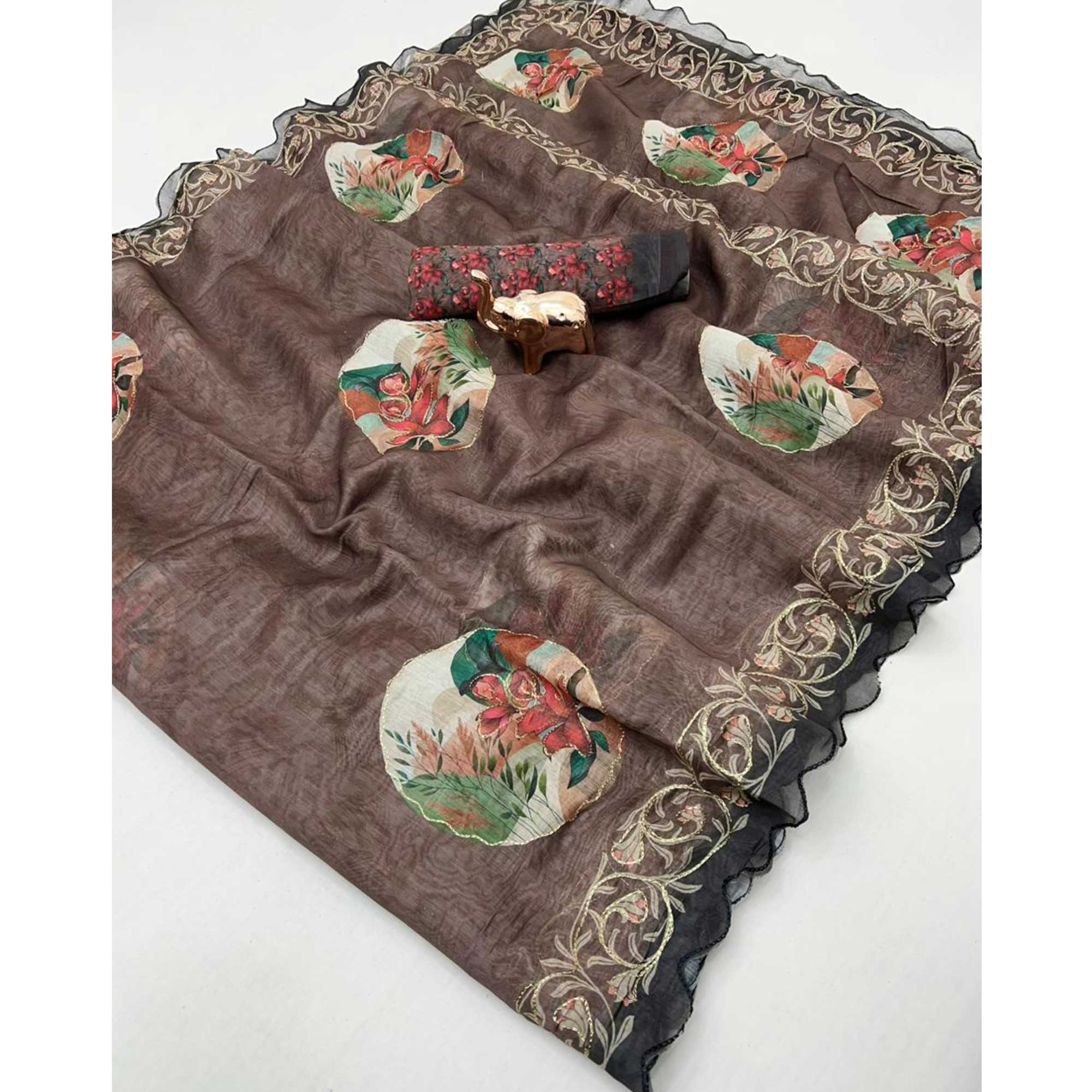 Brown Floral Printed Chanderi Cotton Saree with Decorative Embroidery Borders