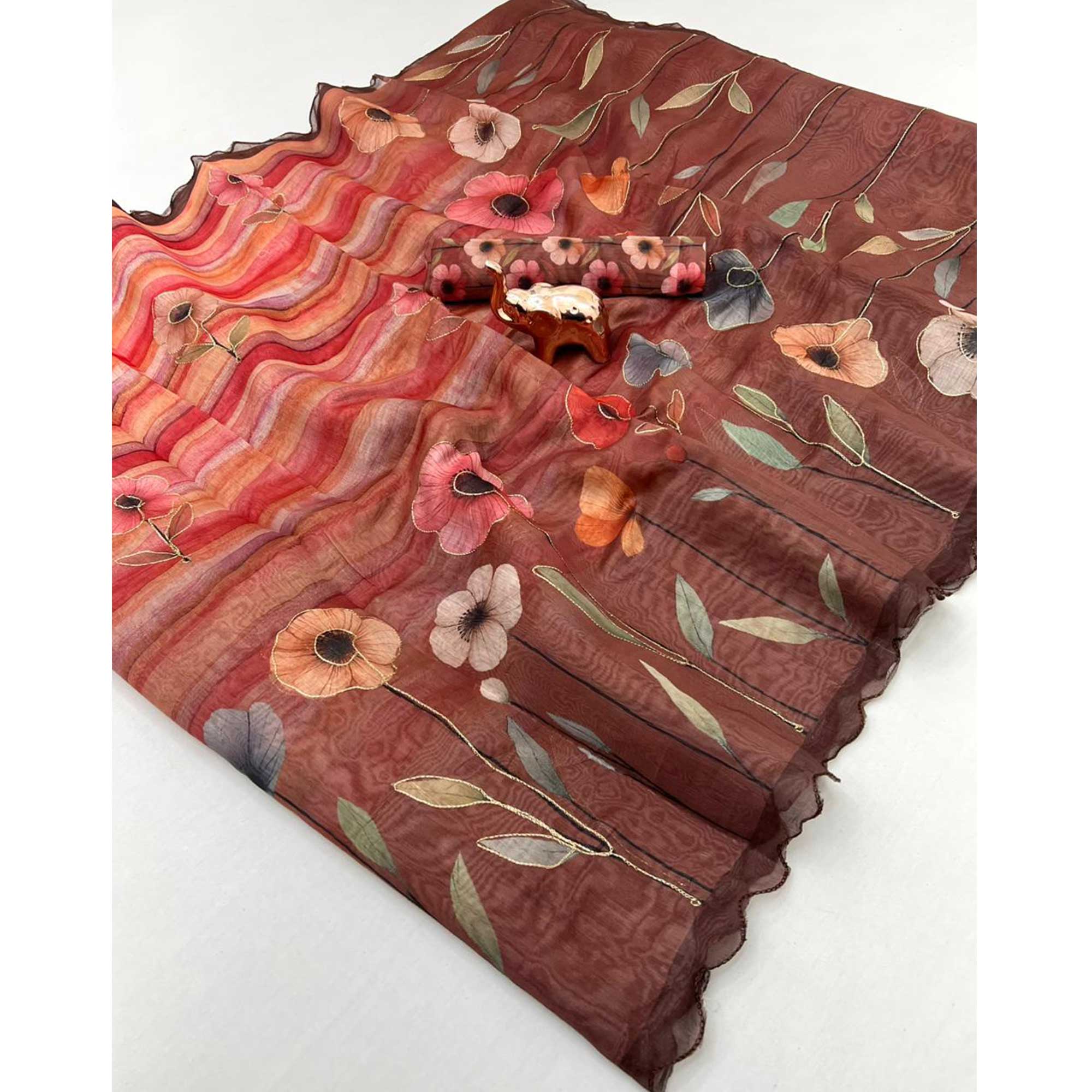 Brown Chanderi Cotton Saree Featuring Floral Print Design and Artistic Embroidered Work