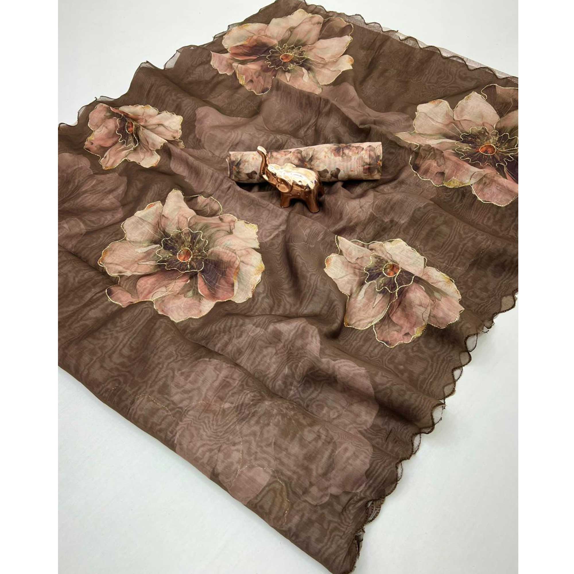 Brown Floral Printed Chanderi Cotton Embroidered Saree Perfect for Festive