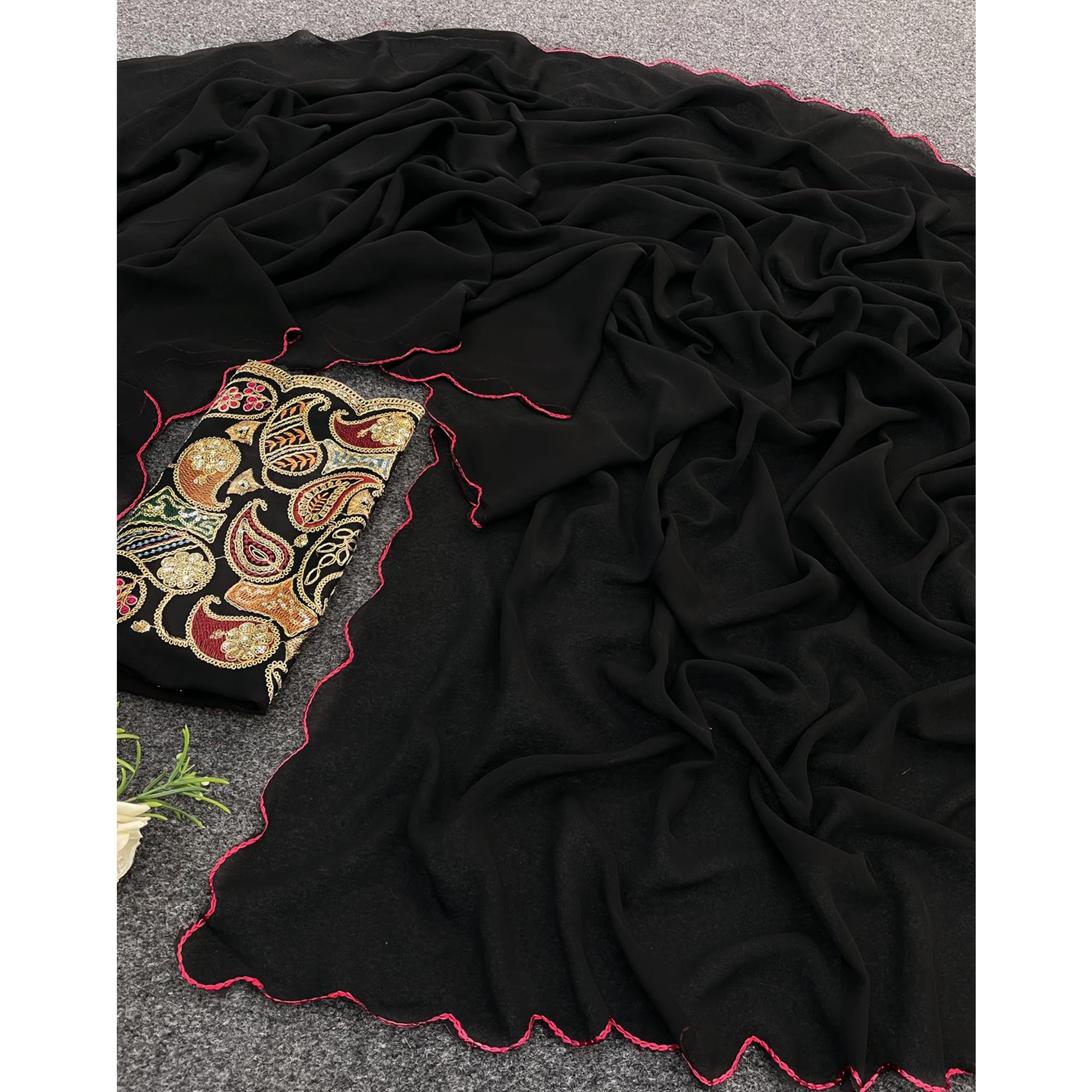 Black Solid Georgette Saree With Embroidered Border