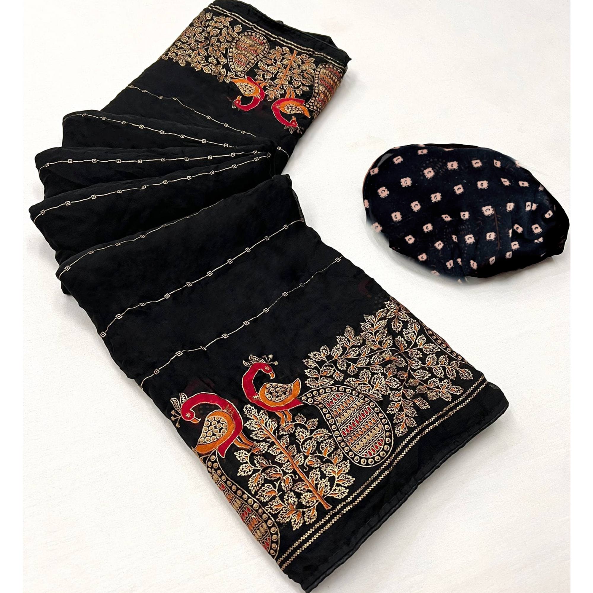 Black Floral Foil Printed Georgette Saree