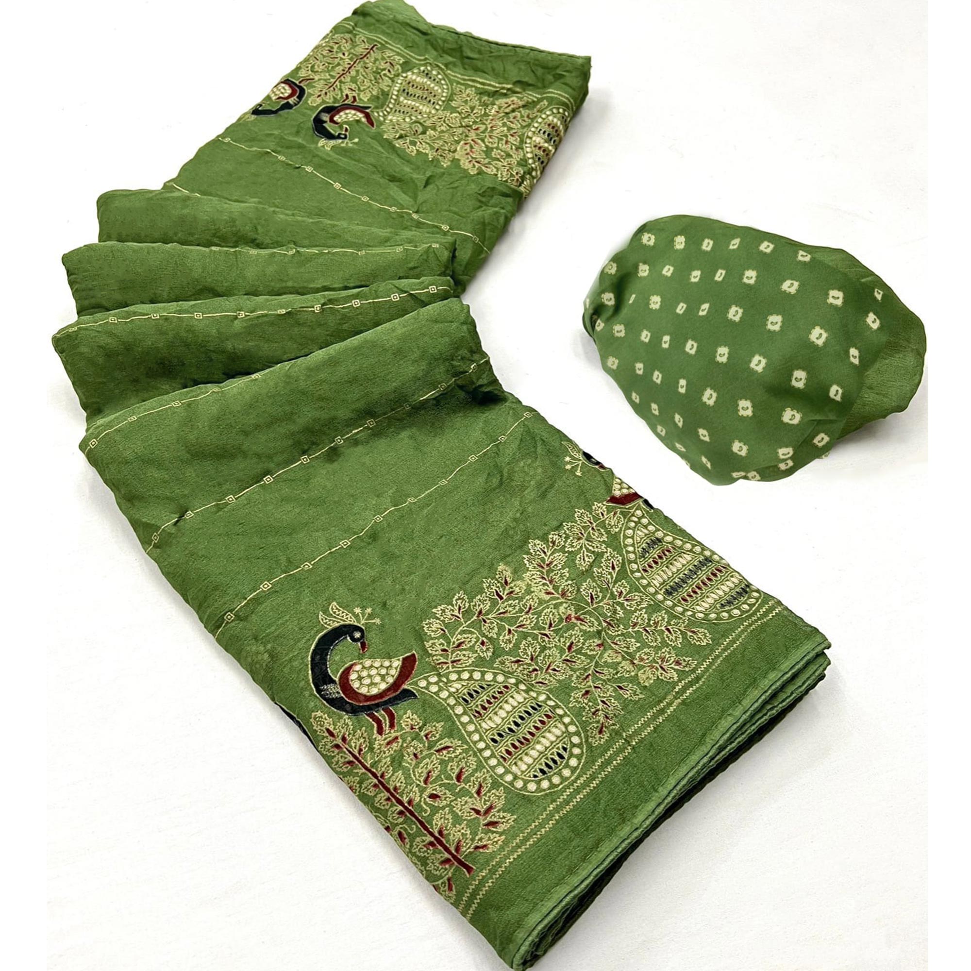 Green Floral Foil Printed Georgette Saree