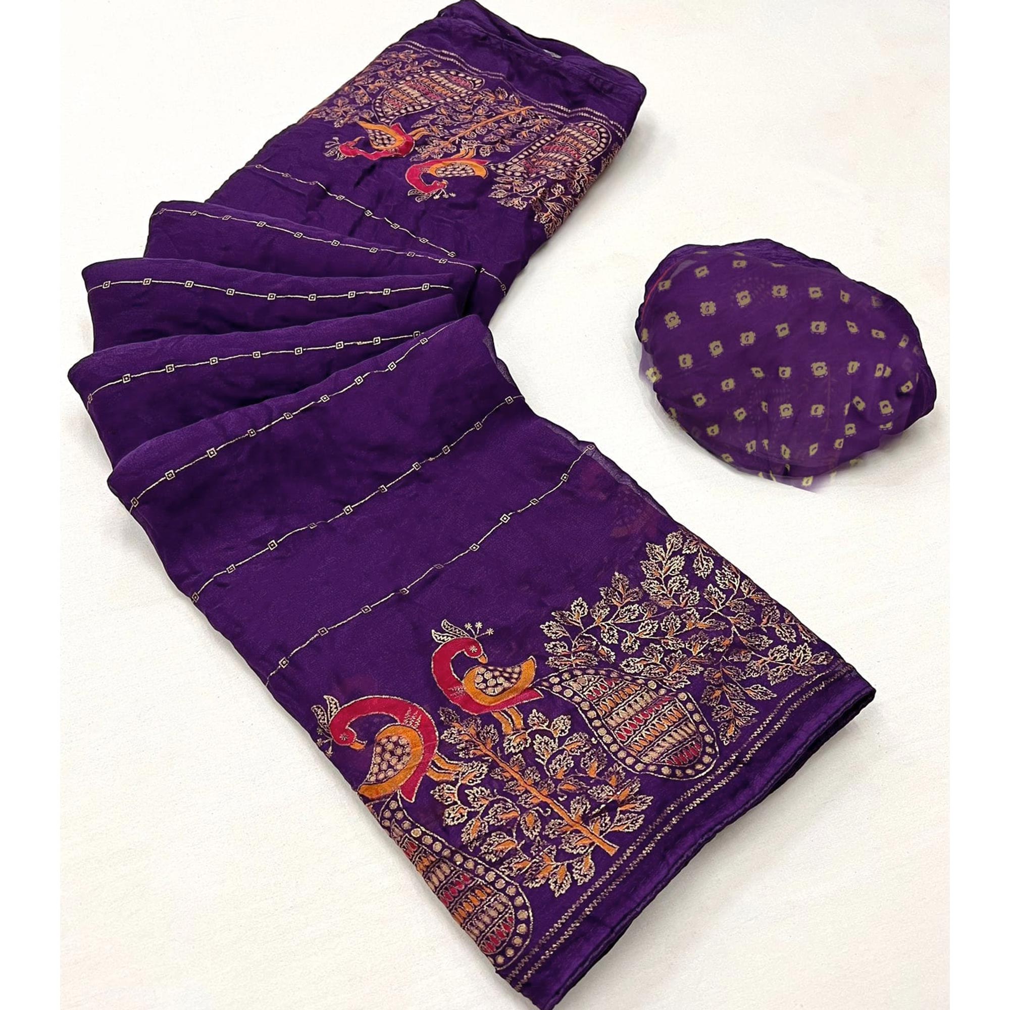 Purple Floral Foil Printed Georgette Saree