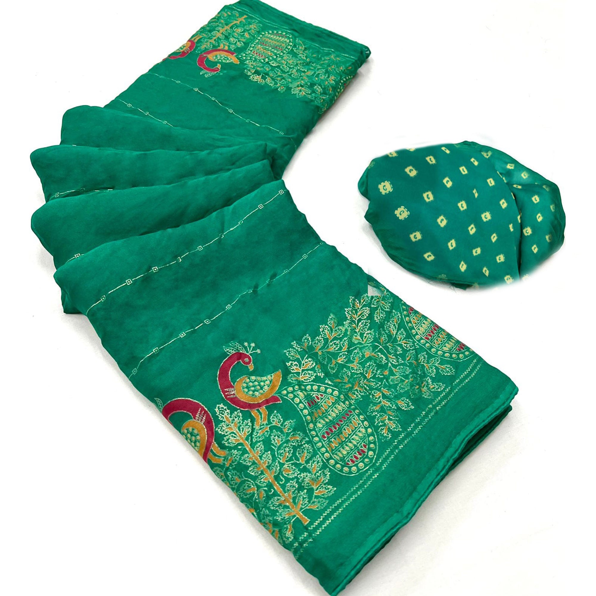 Rama Green Floral Foil Printed Georgette Saree