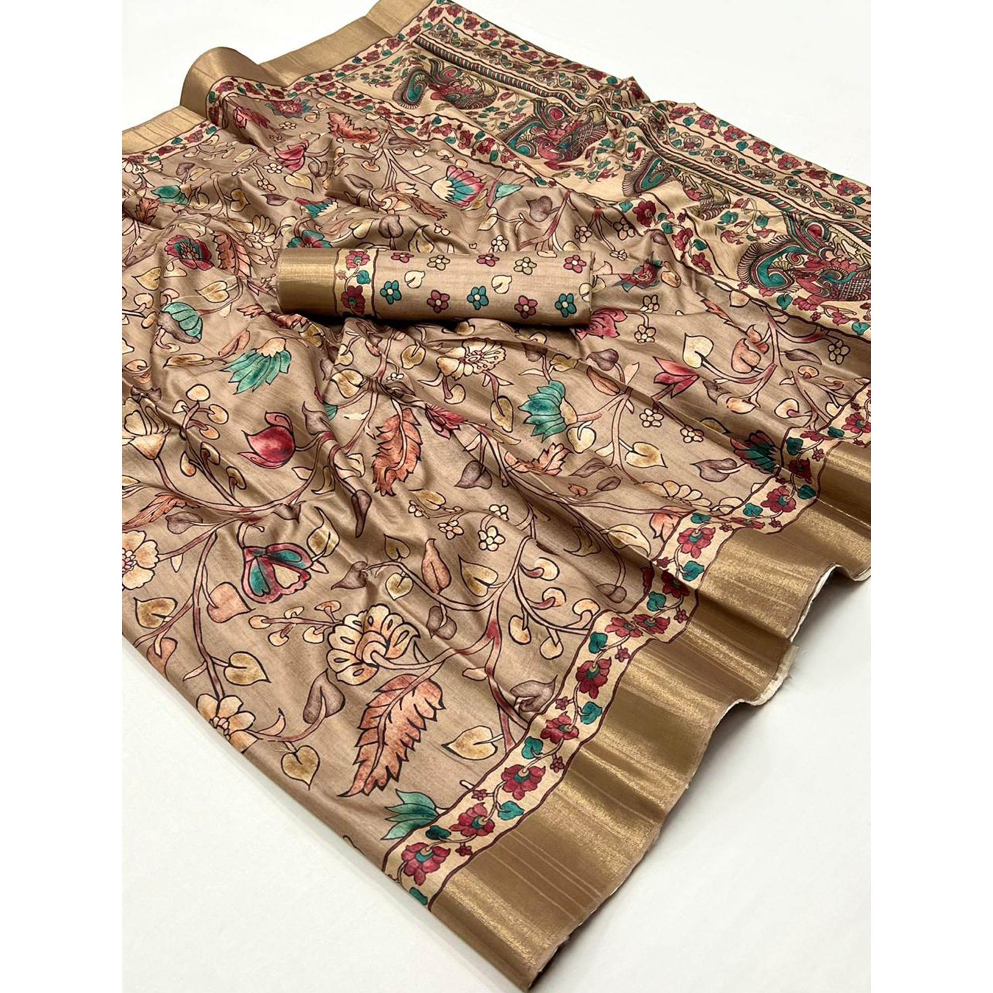 Light Brown Floral Digital Printed Tussar Silk Saree