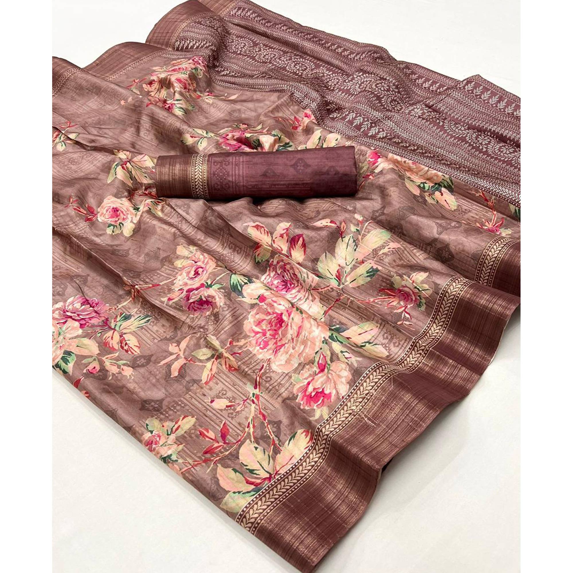 Light Mauve Floral Digital Printed Tussar Silk Saree