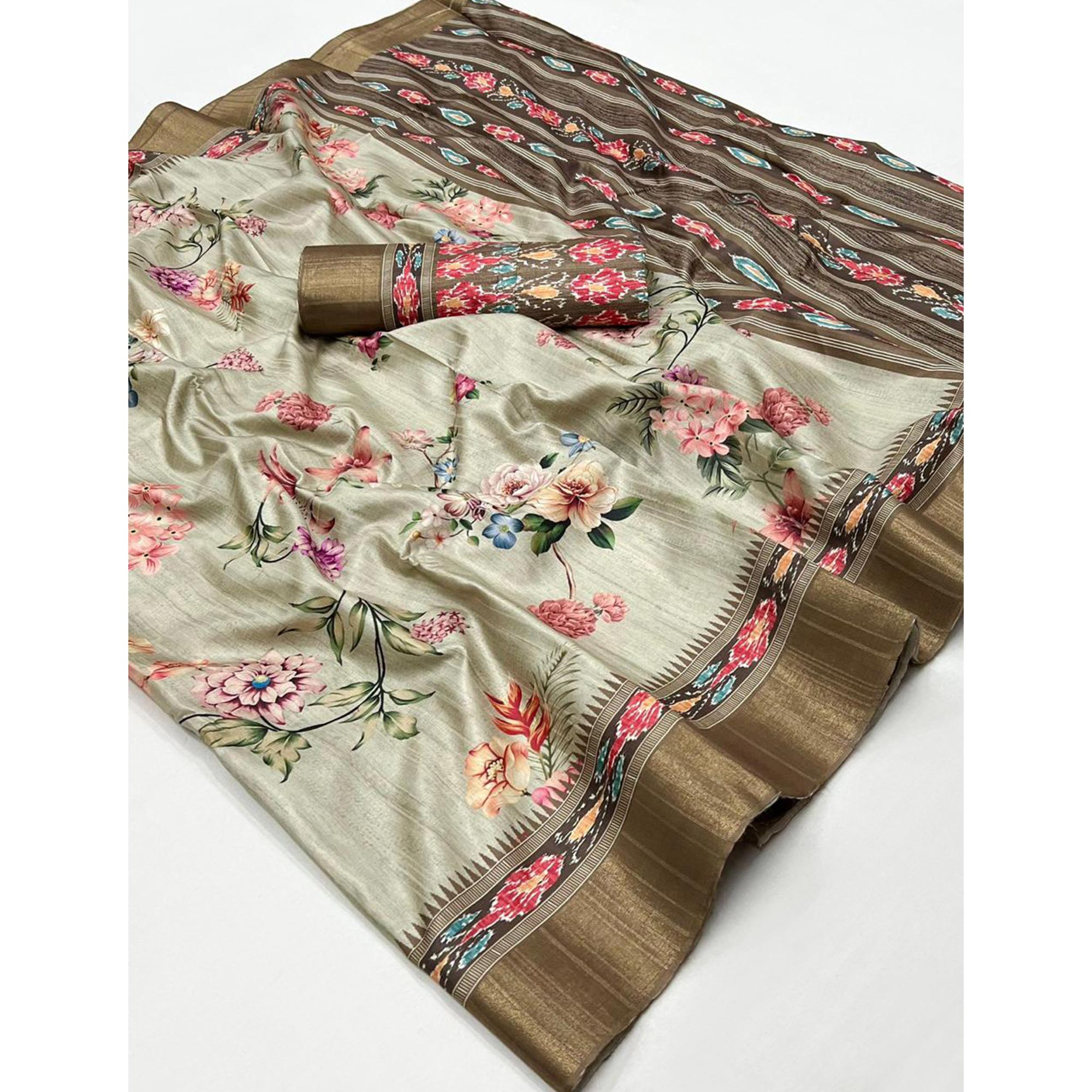 Light Pista Green Floral Digital Printed Tussar Silk Saree