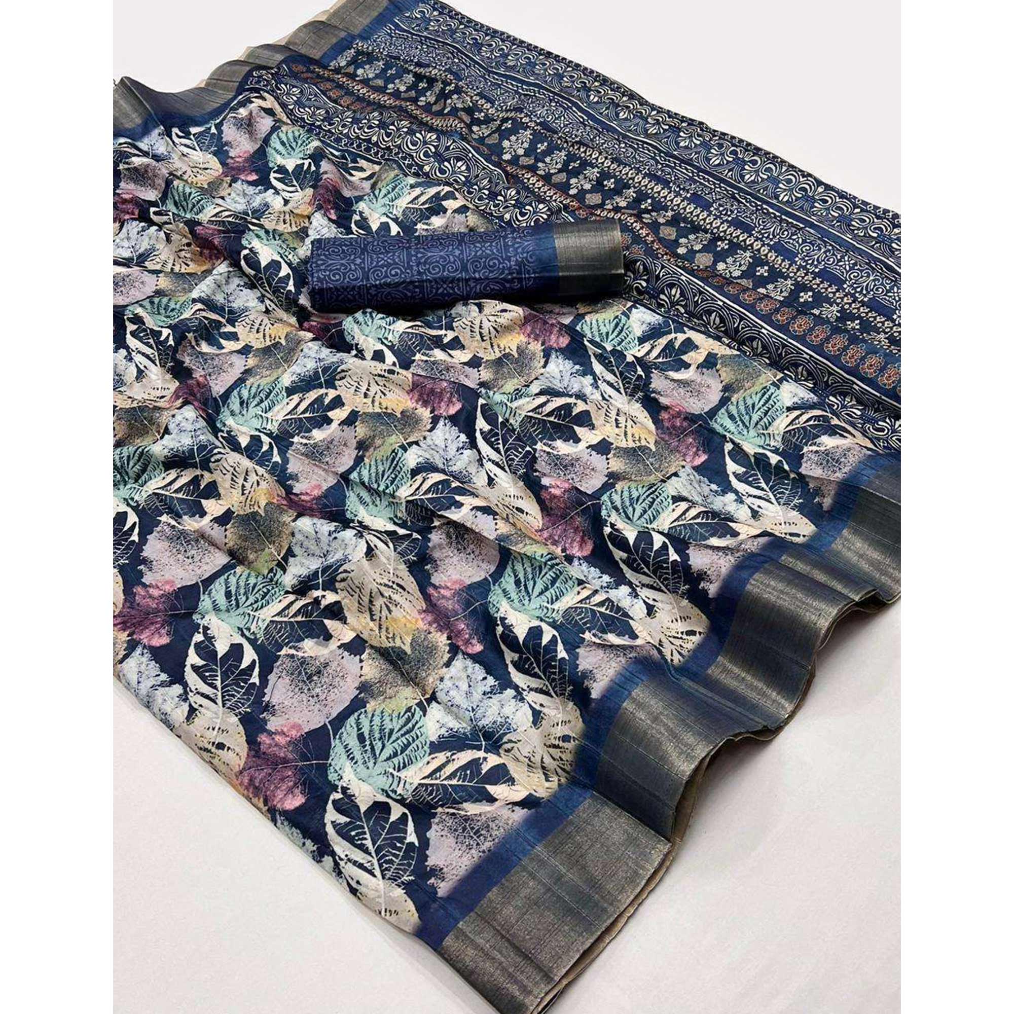 Blue Floral Digital Printed With Woven Border Tussar Silk Saree