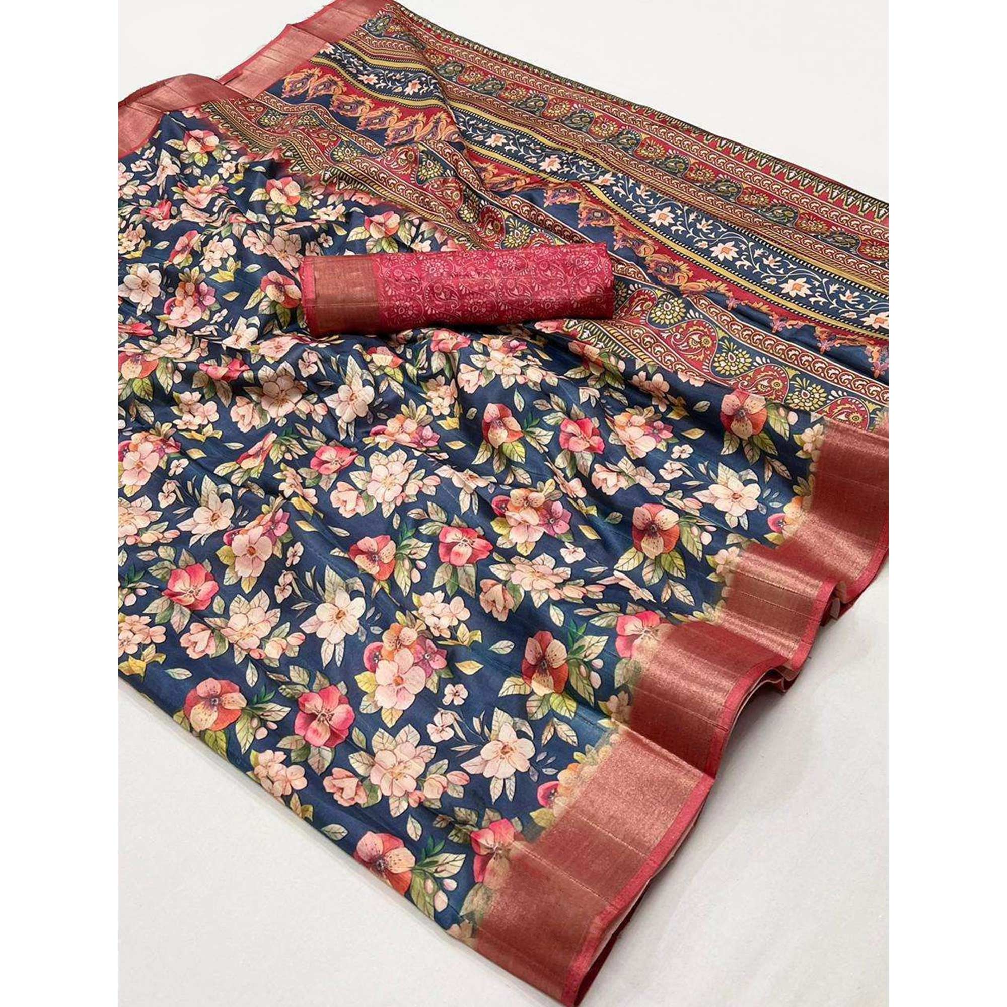 Bluish Grey Floral Digital Printed With Woven Border Tussar Silk Saree