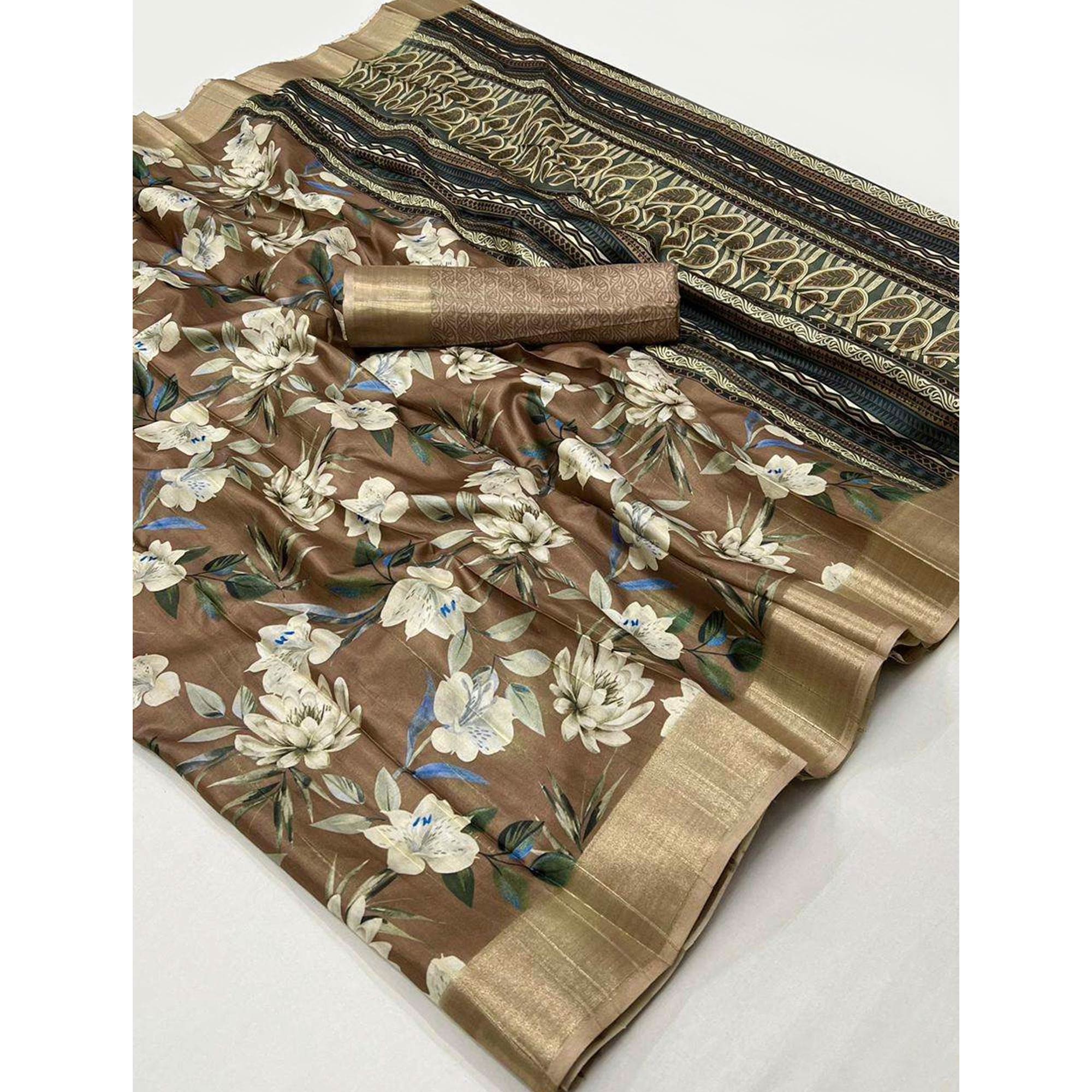 Brown Floral Digital Printed With Woven Border Tussar Silk Saree