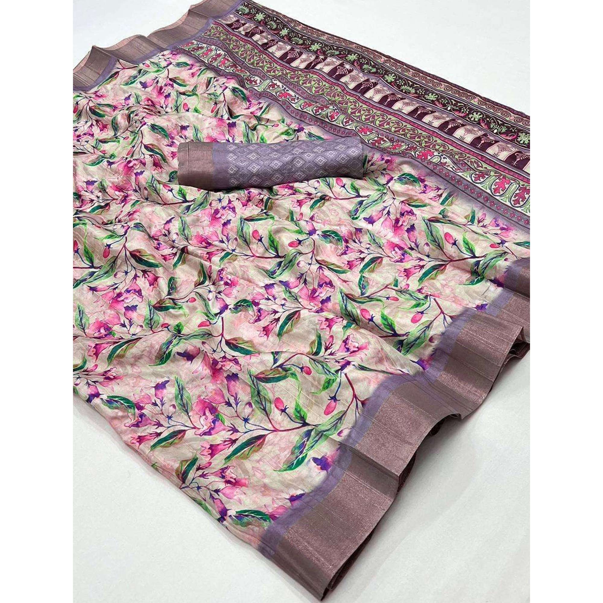 Cream Floral Digital Printed With Woven Border Tussar Silk Saree