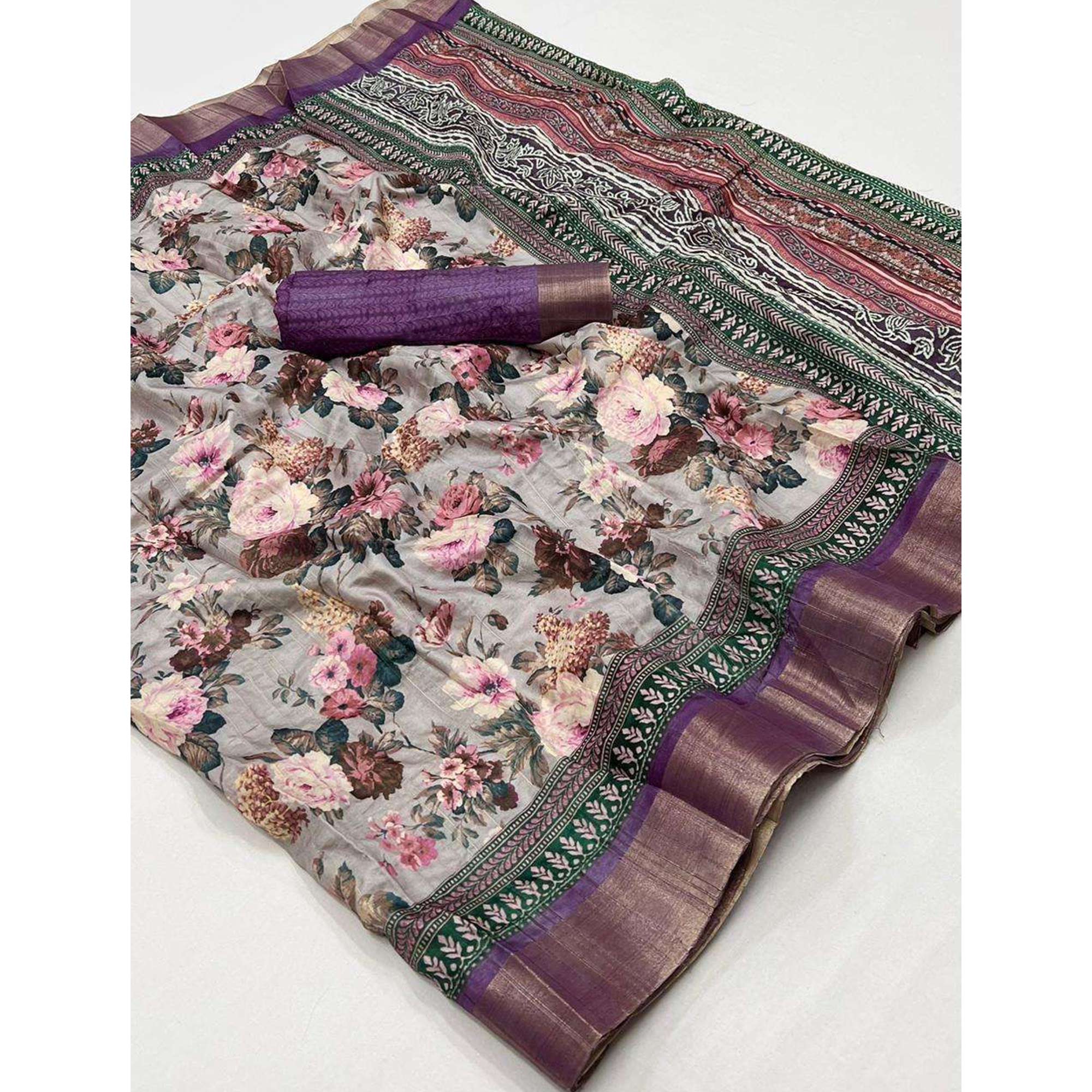 Grey & Purple Floral Digital Printed With Woven Border Tussar Silk Saree