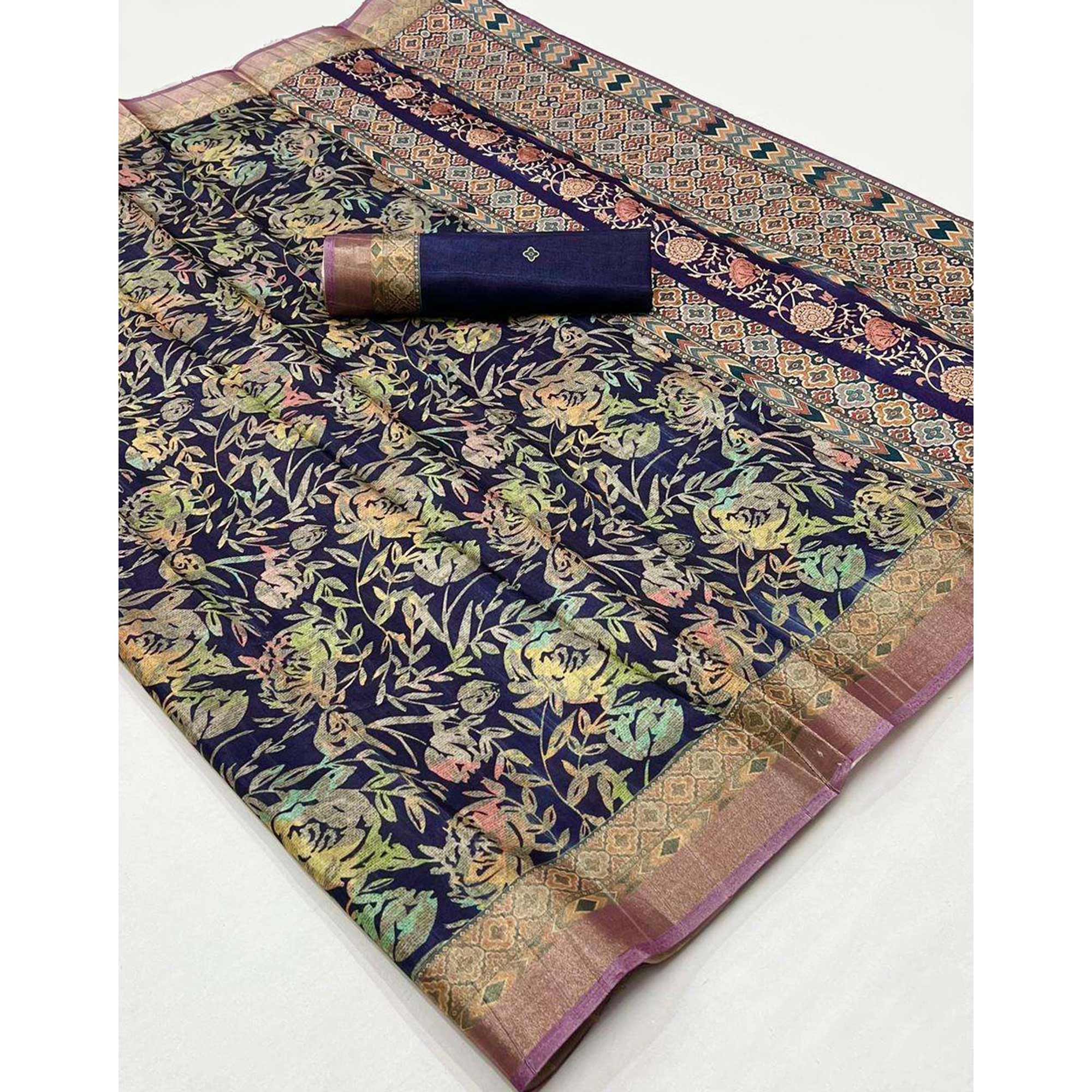 Navy Blue Floral Digital Printed With Woven Border Tussar Silk Saree