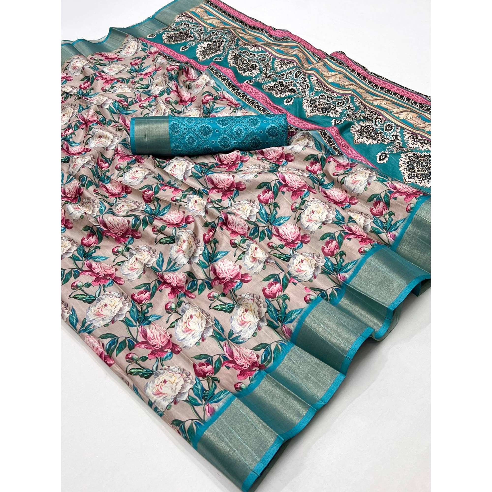 Cream & Rama Blue Floral Digital Printed Tussar Silk Saree