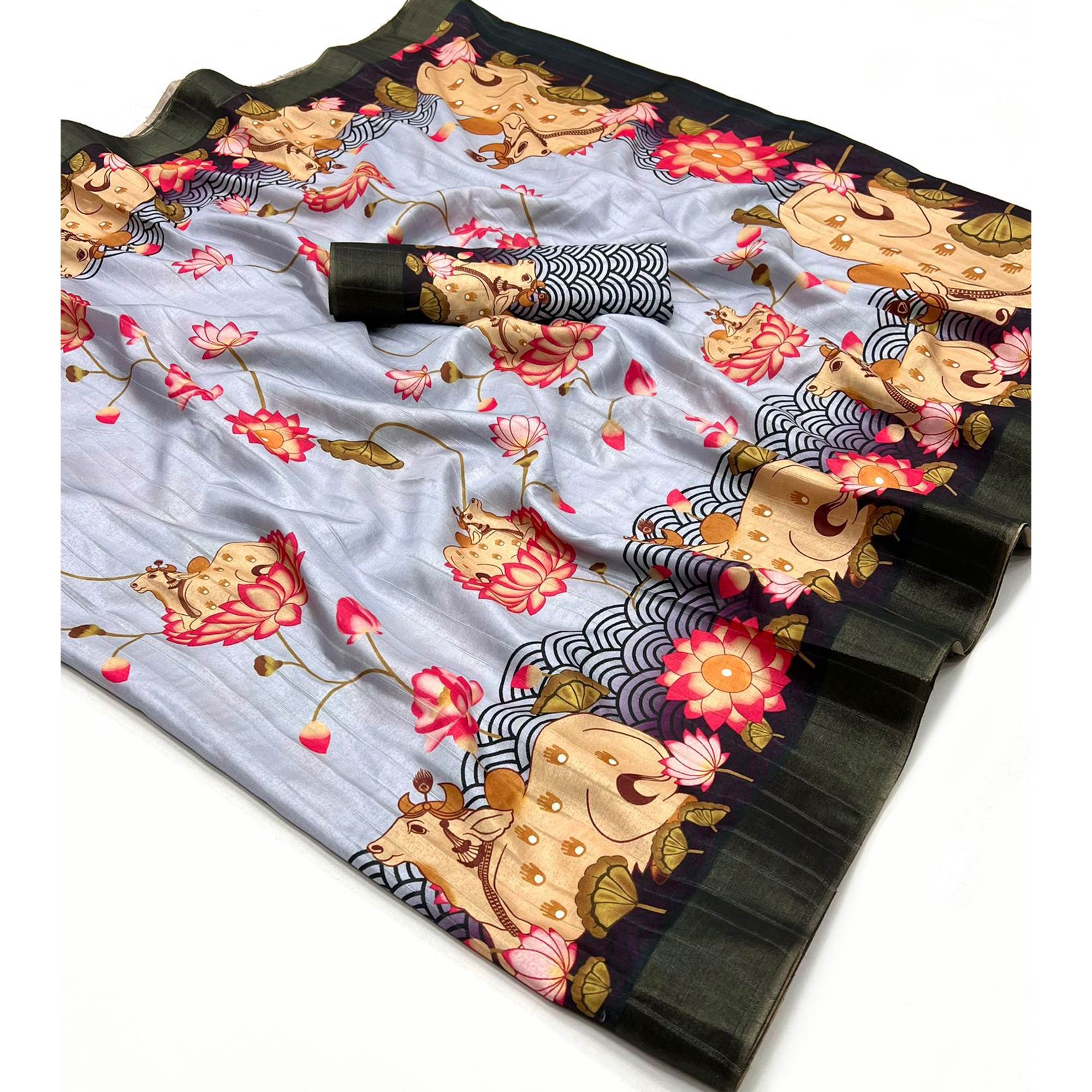 Grey & Black Floral Digital Printed Tussar Silk Saree