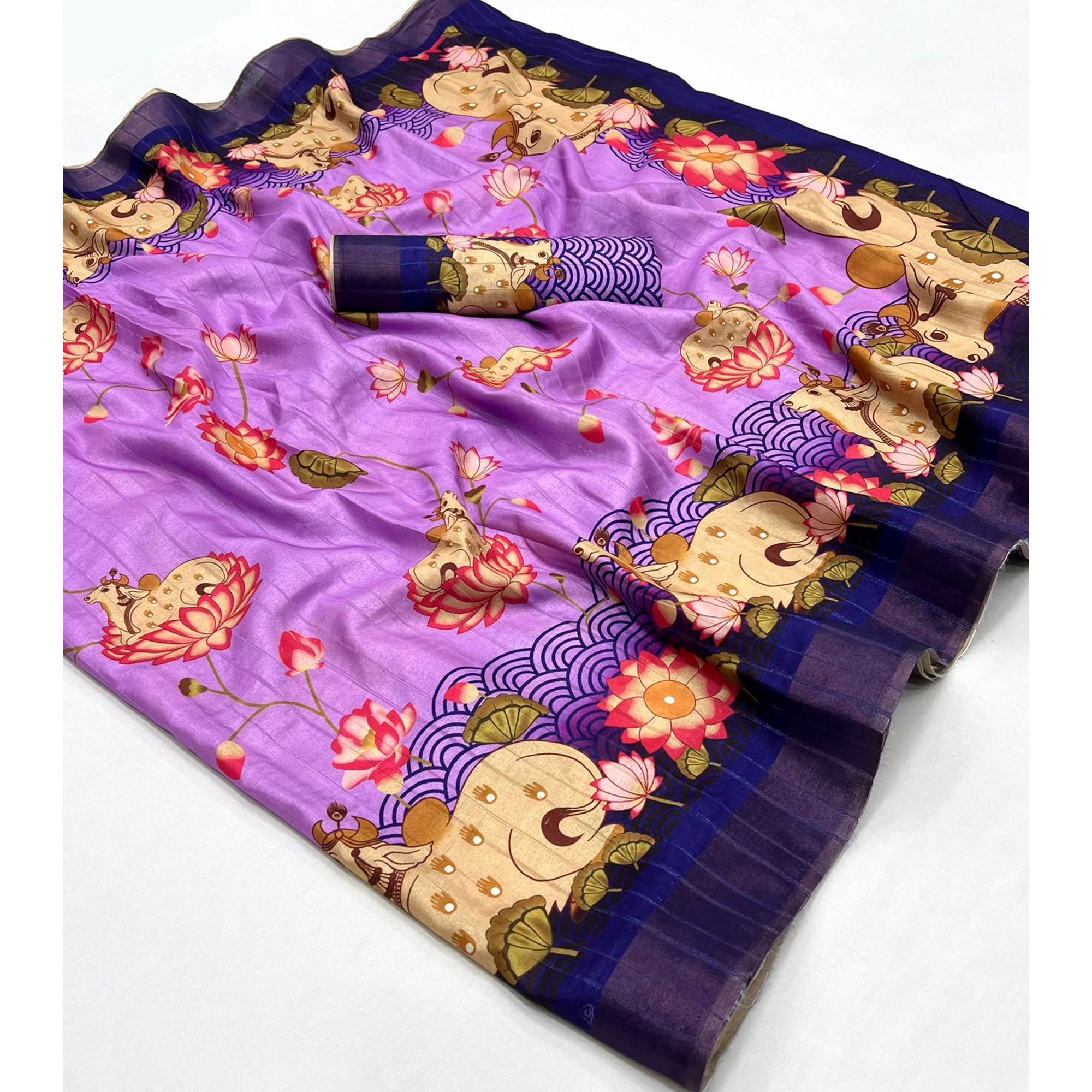 Lavender & Blue Floral Digital Printed Tussar Silk Saree