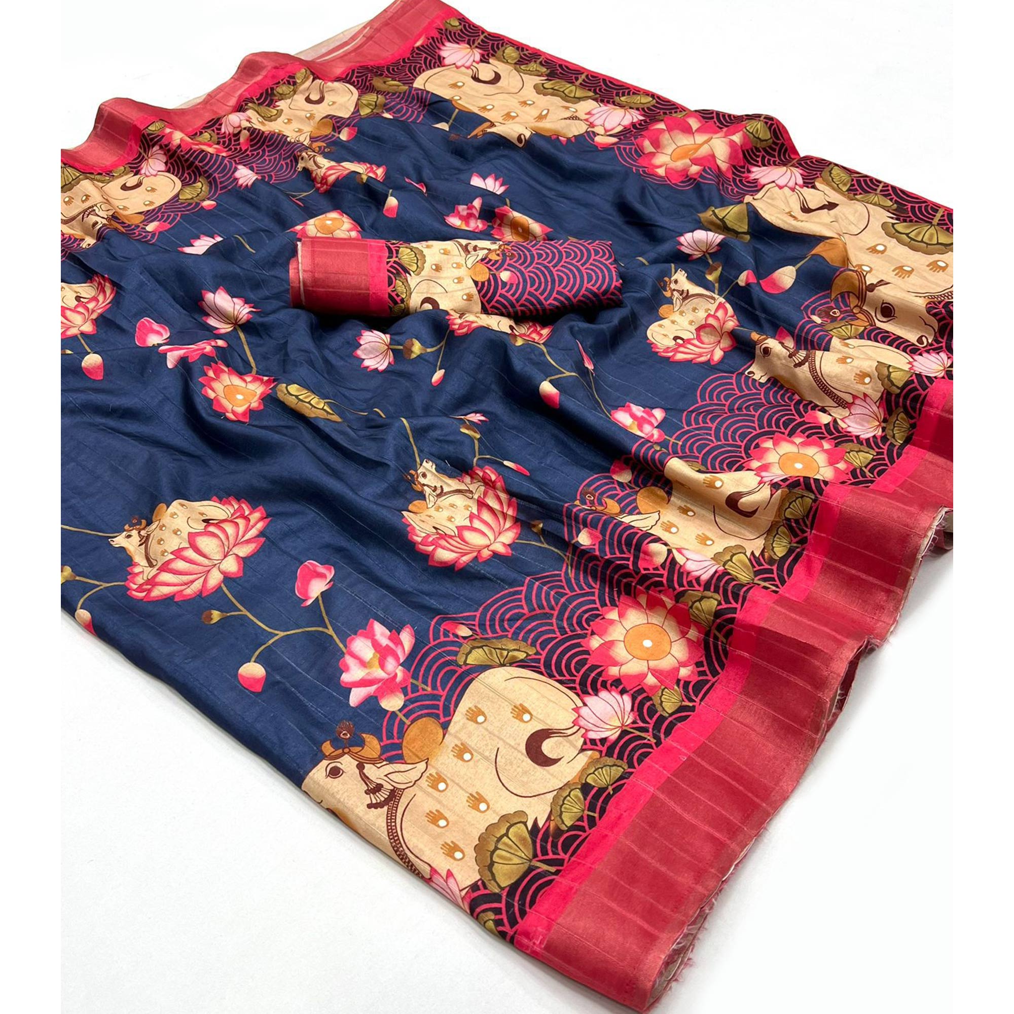 Navy Blue Floral Digital Printed Tussar Silk Saree