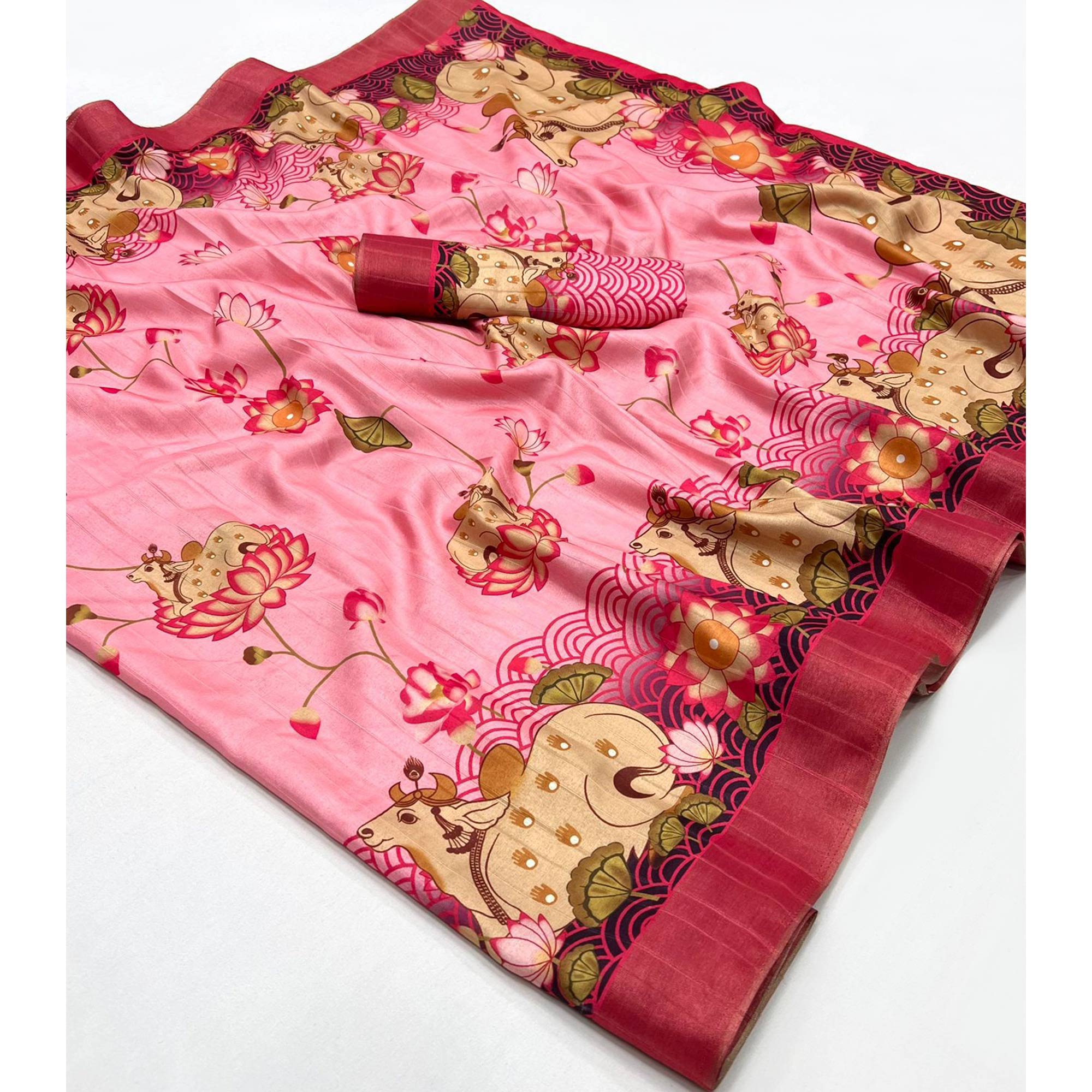 Pink & Red Floral Digital Printed Tussar Silk Saree