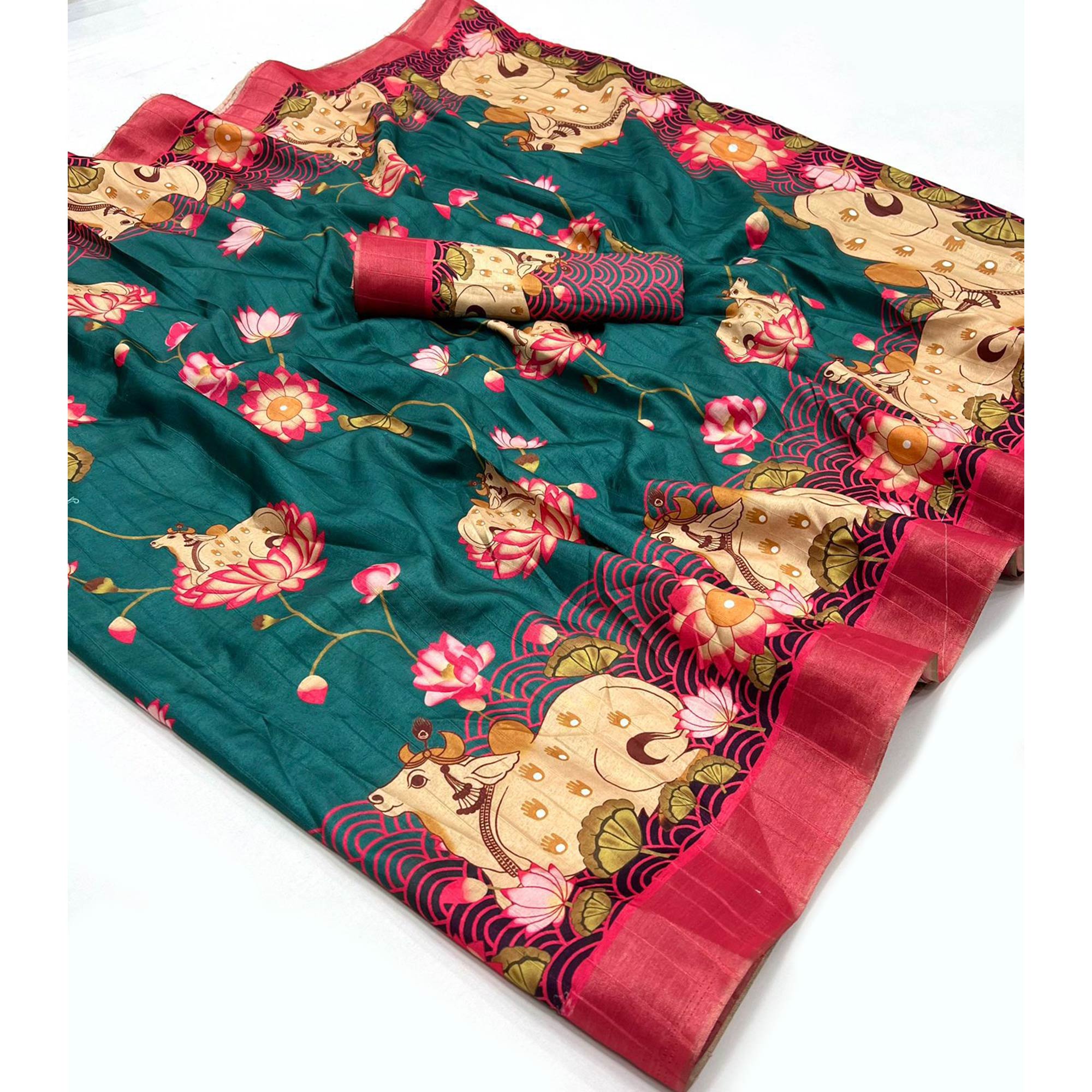 Rama Green Floral Digital Printed Tussar Silk Saree