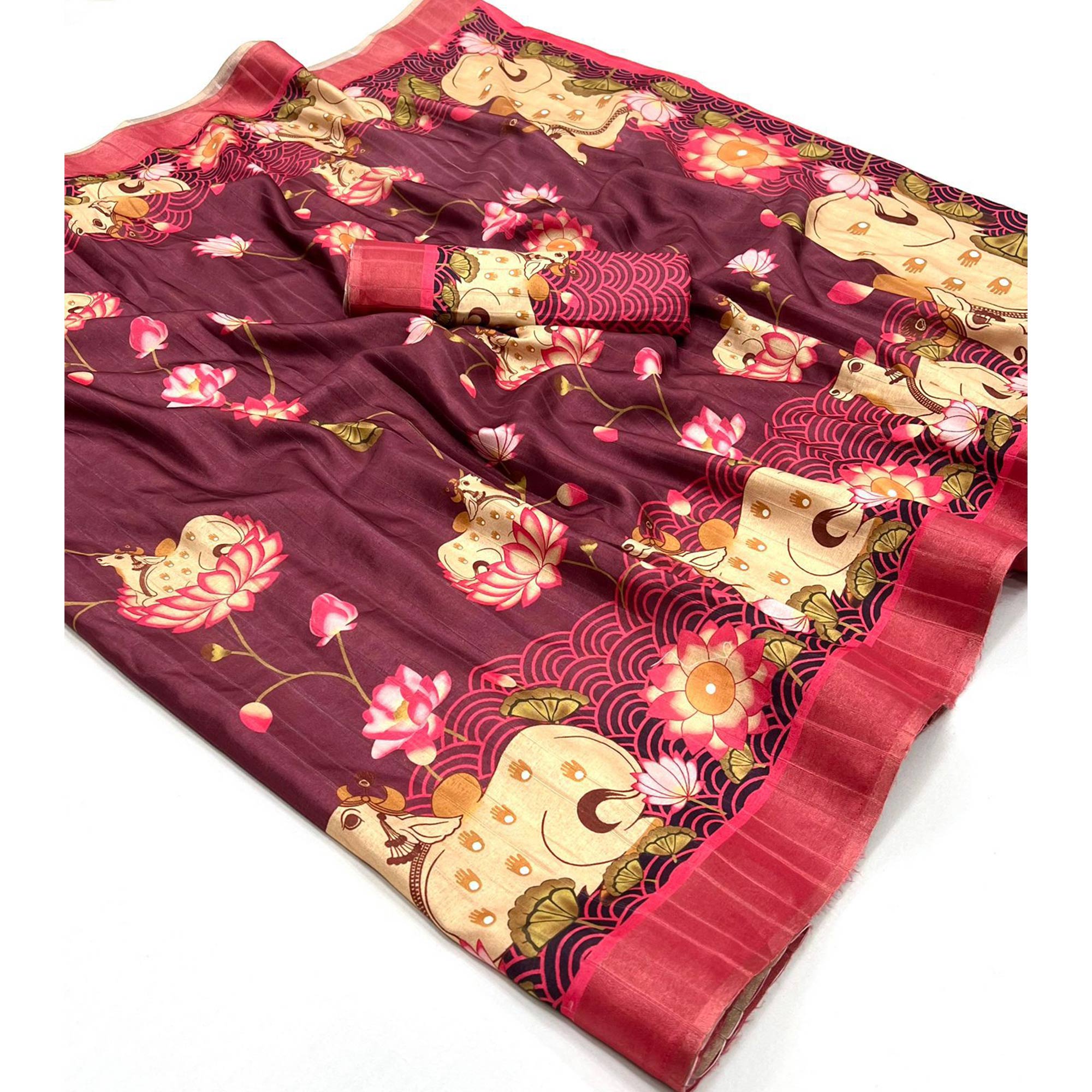 Wine Floral Digital Printed Tussar Silk Saree