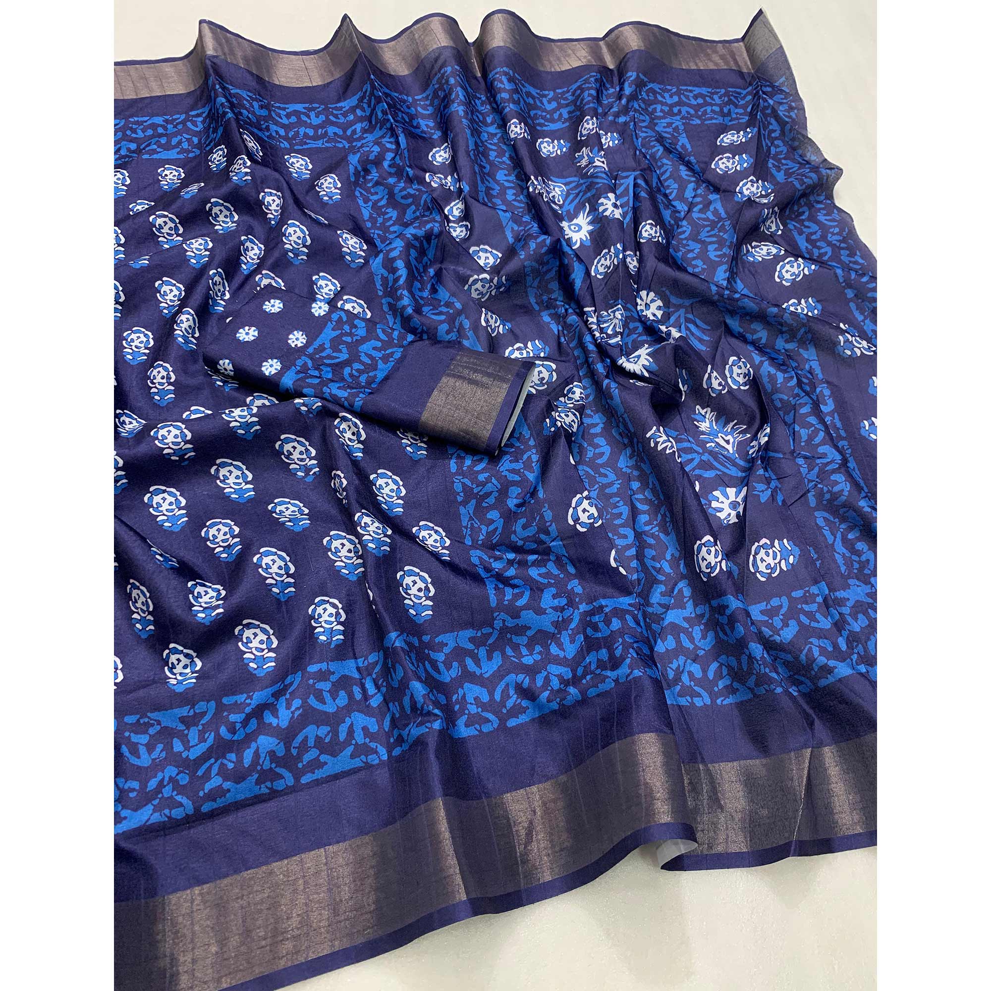 Blue Floral Digital Printed Tussar Silk Saree