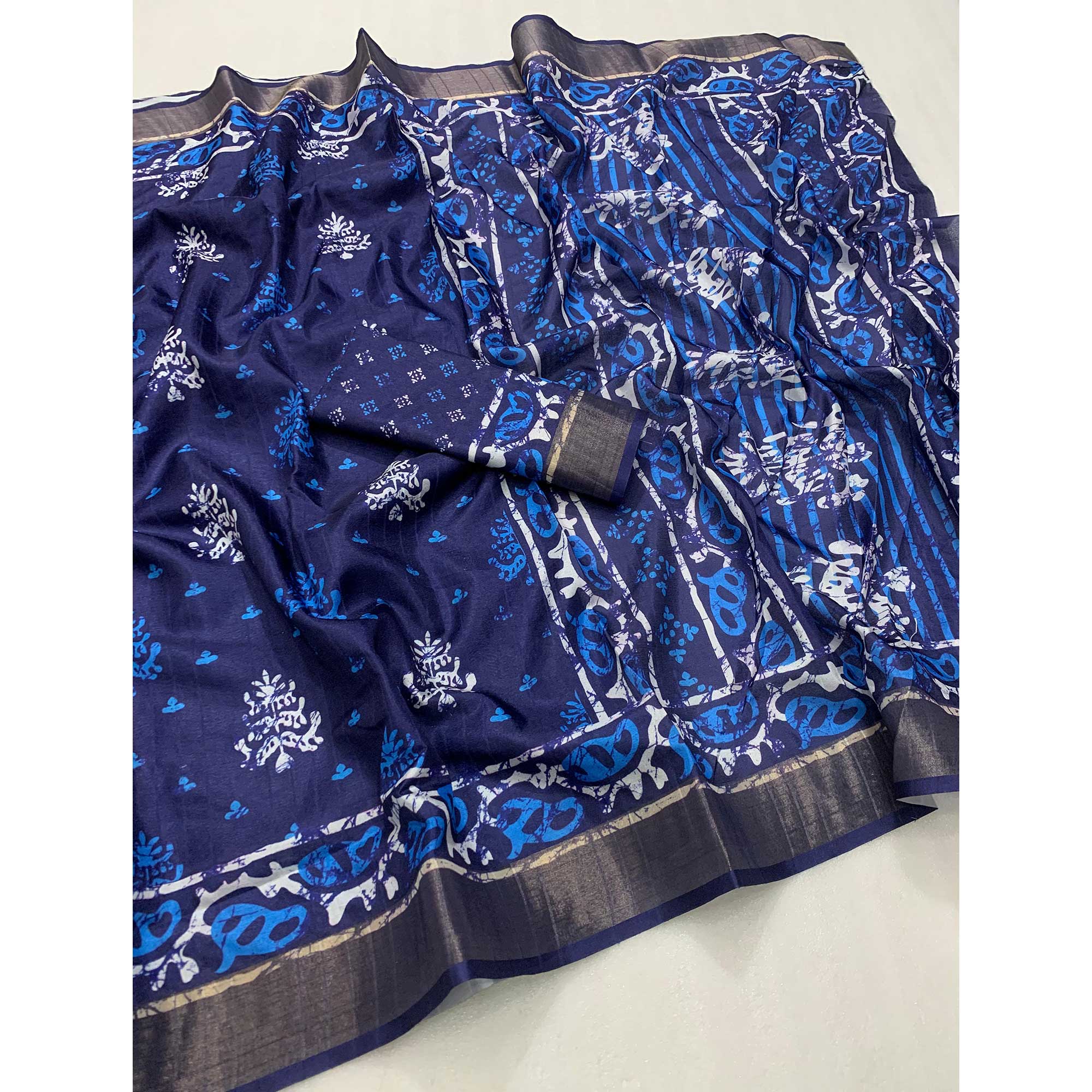 Blue Floral Digital Printed Tussar Silk Saree